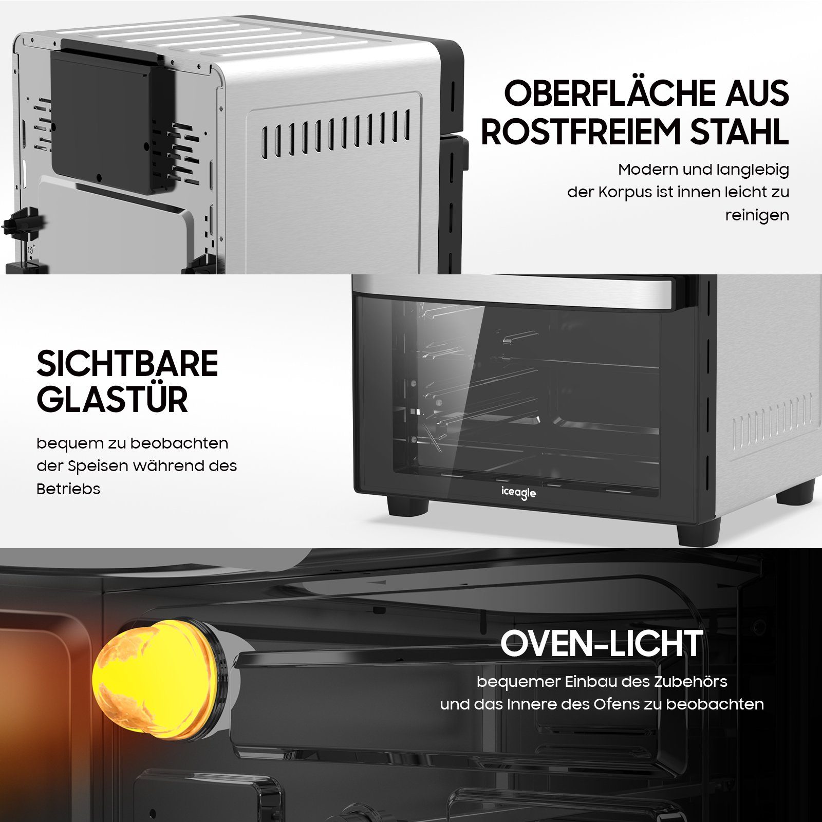 iceagle Heißluftfritteuse Heißluftfritteuse 1502, Air fryer XXL ohne ÖL für Luftbraten, Braten, 2200,00 W, digitales Display, Minuten Timer, spuelmaschinengeeignet