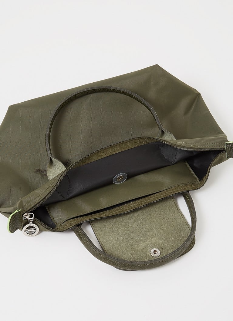 Geantă verde Longchamp Le Pliage, mărimea S, cu detalii din piele.