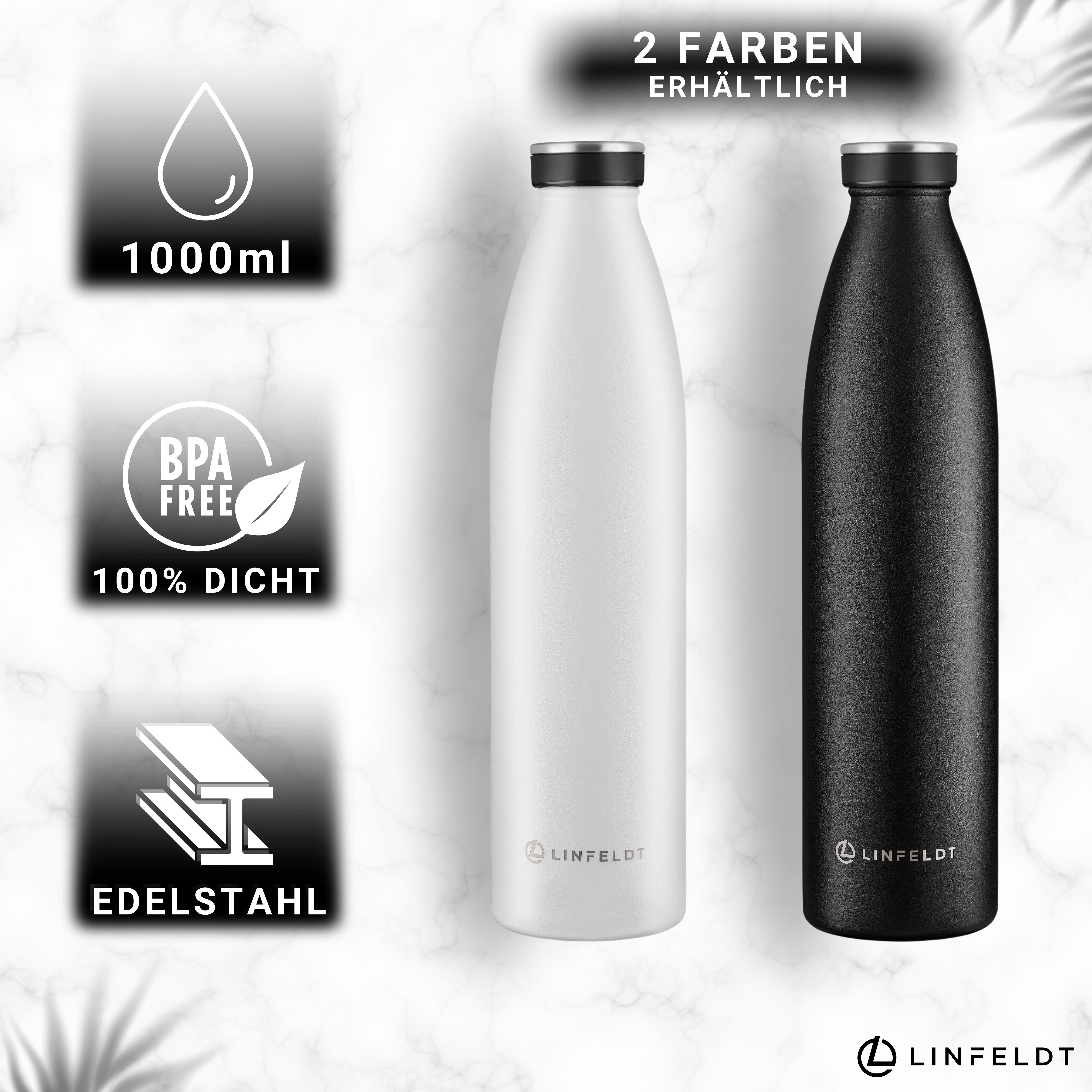 LINFELDT Trinkflasche 1L Trinkflasche Edelstahl Isoliert 24H Auslaufsicher + Sprudel, Edelstahl (Kohlensäure geeignet)