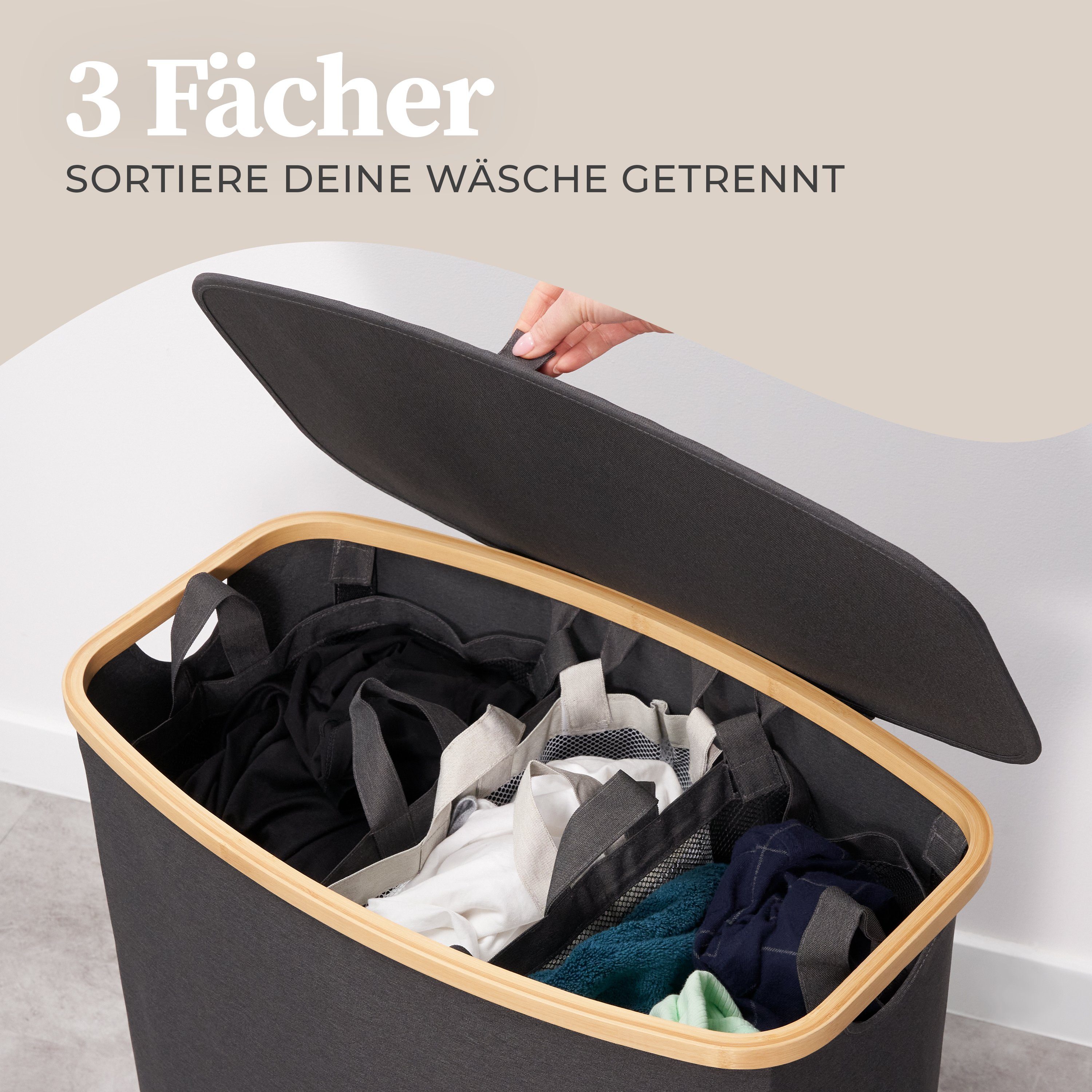 HENNEZ Wäschekorb Wäschesammler 3 Fächer mit Deckel 150 Liter - Wäschesammler 3 Fächer, Wäschetruhe mit Bambusrahmen