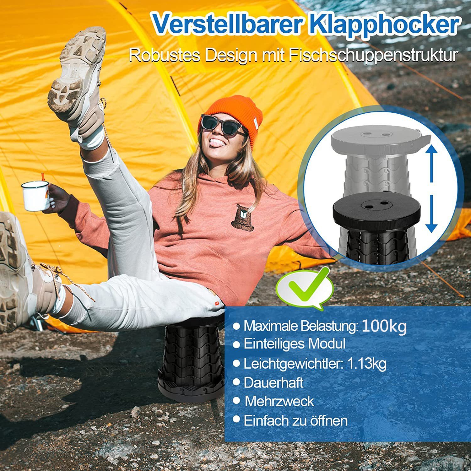 Vicbuy Campinghocker Tragbarer Klapphocker, Mini Teleskophocker, Leichte Angelnhocker (Höhenverstellbarer Campingstühle, Klappstuhl, Angelstuhl, Trittbank, Fußhocker, Belastung 100kg, für Outdoor, Wandern, Angeln), BBQ Grillen, Reise, Party