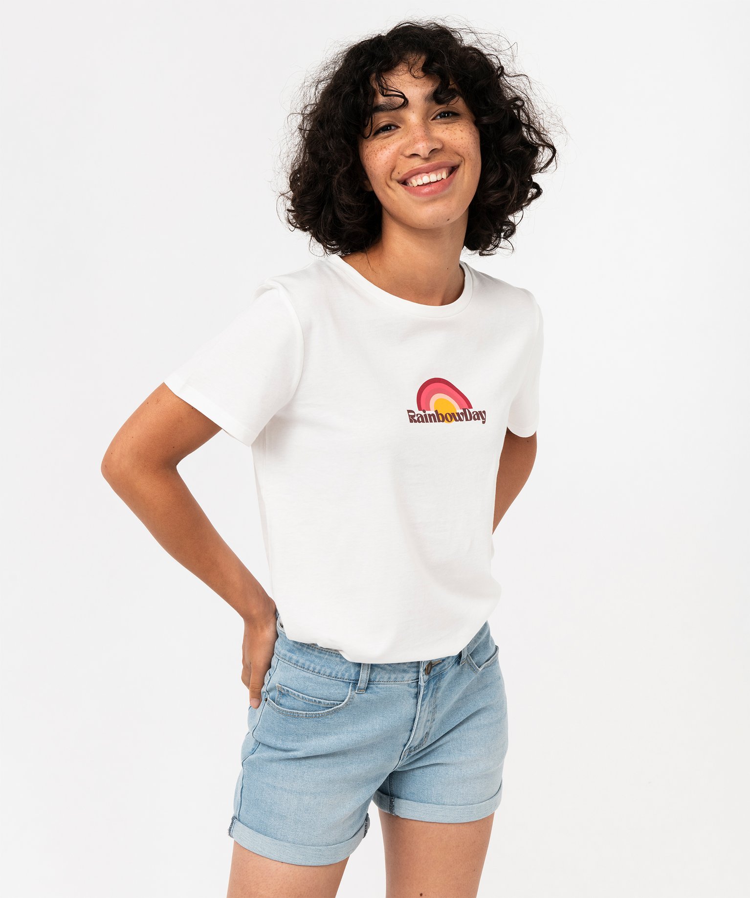 Tee-shirt manches courtes en coton à message femme beige | GEMO