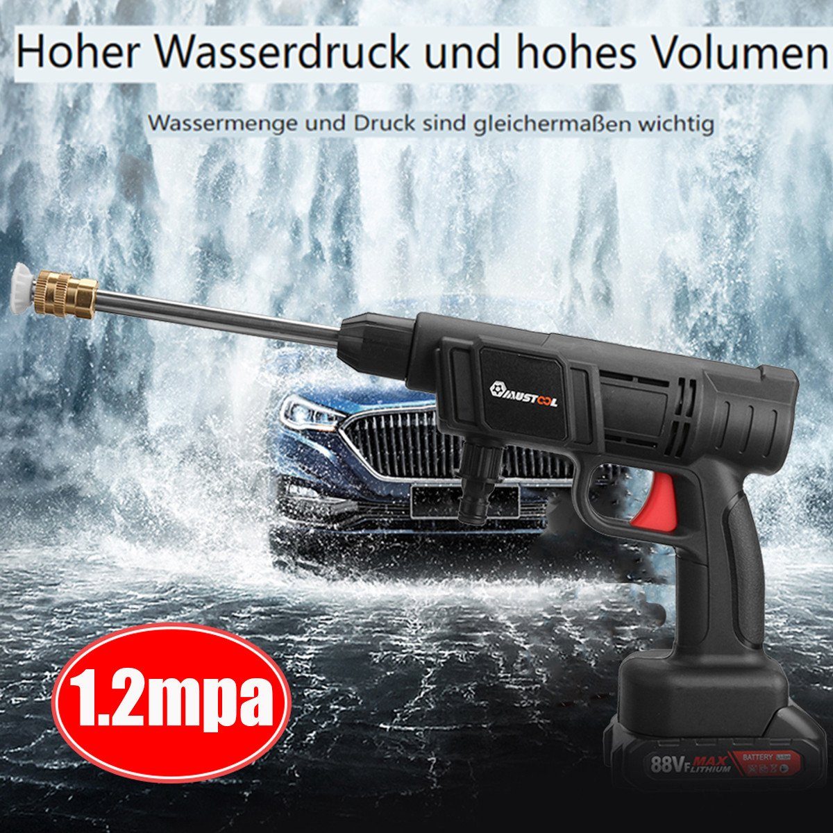 AUDEW Akku-Hochdruckreiniger, 160W Hochdruckreiniger 15000 U/min mit 1 Akku 1300mAh, 5m Schlauch
