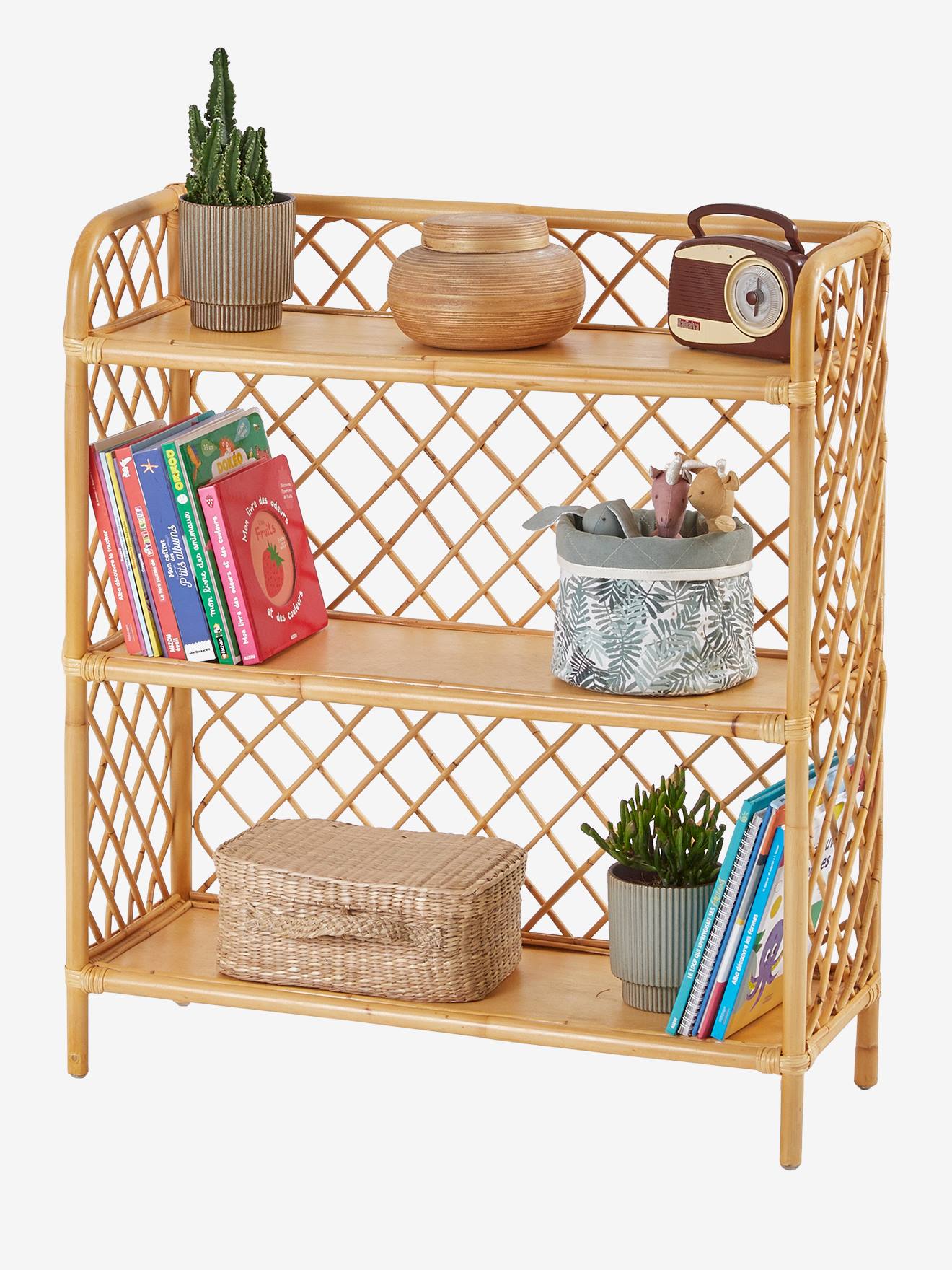 Vertbaudet Kinderzimmer Regal mit 3 Böden, Rattan BOHO - natur/rautenfrom