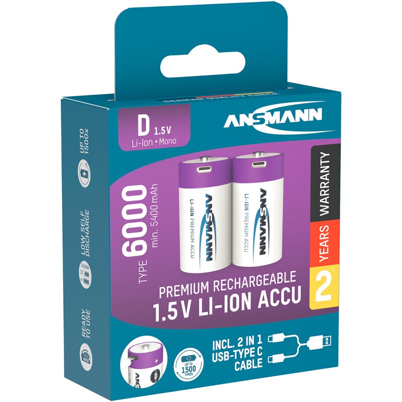 Ansmann Akku Li-Ion 1.5V D (Mono) Typ 6000 2 Stück