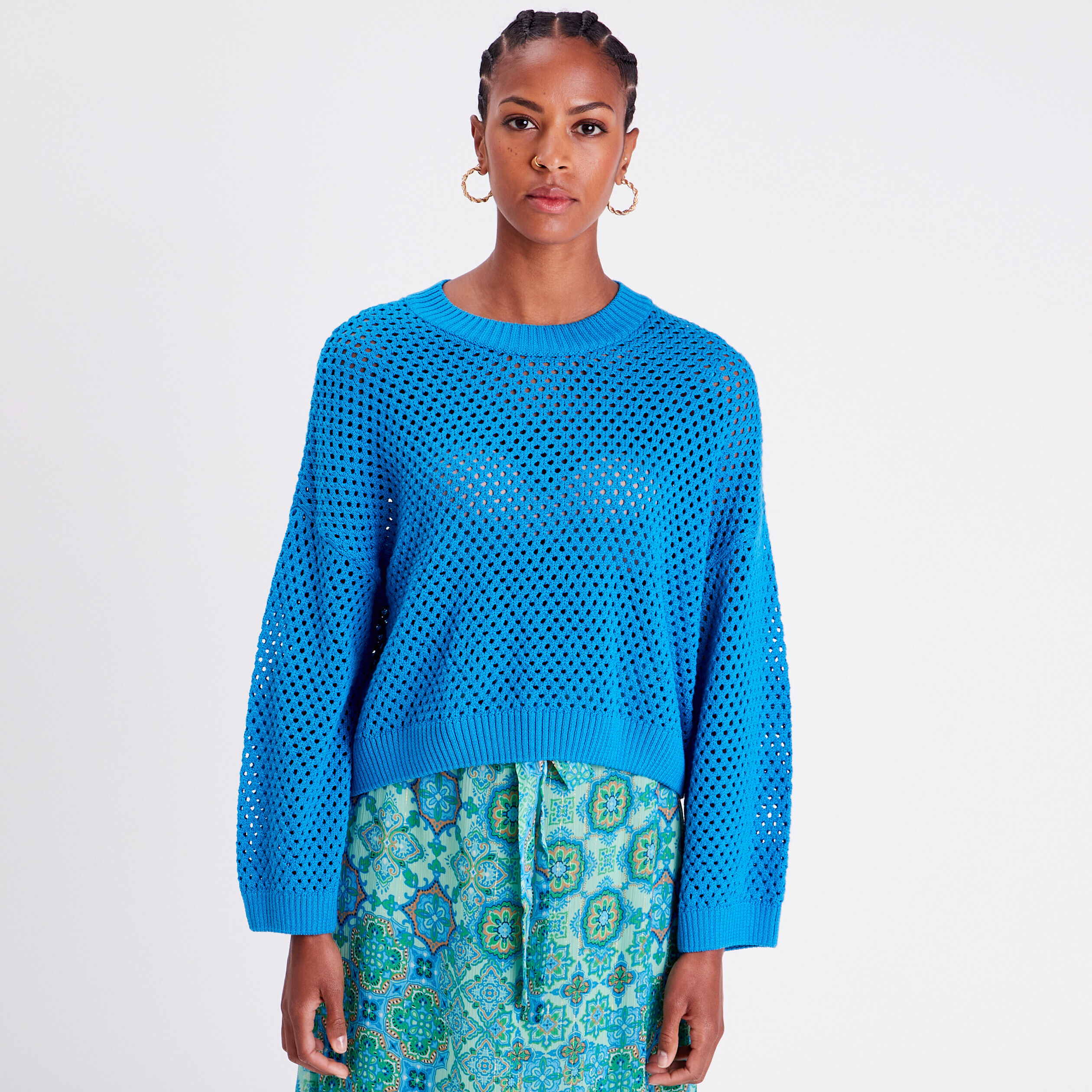 Pull ajouré col rond bleu femme | Cache Cache