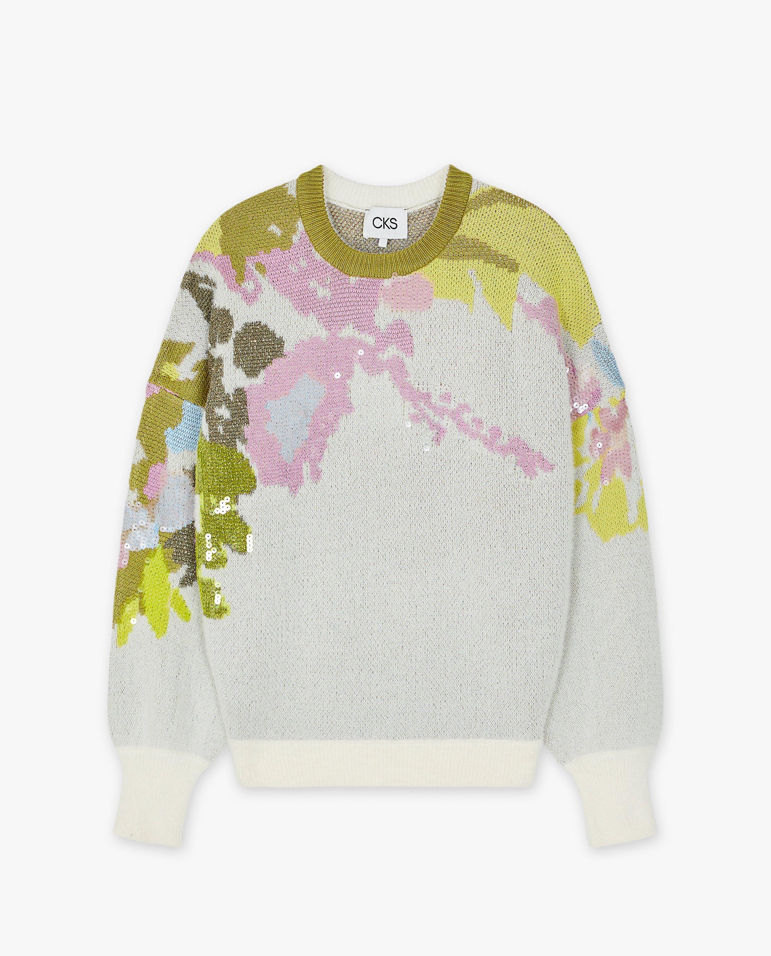 Pulover pufos CKS pentru femei cu model floral bej deschis