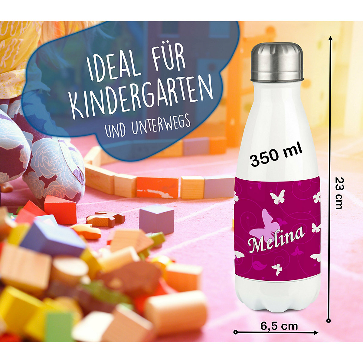 Edelstahl Kinder Thermoflasche / Trinkflasche bunt Schmetterling Ornamente Farbe brombeere Spülmaschinenfest, Auslaufsicher, Bruchfest, Doppelwandig, Für Heißgetränke geeignet, Mit Deckel, Isolier