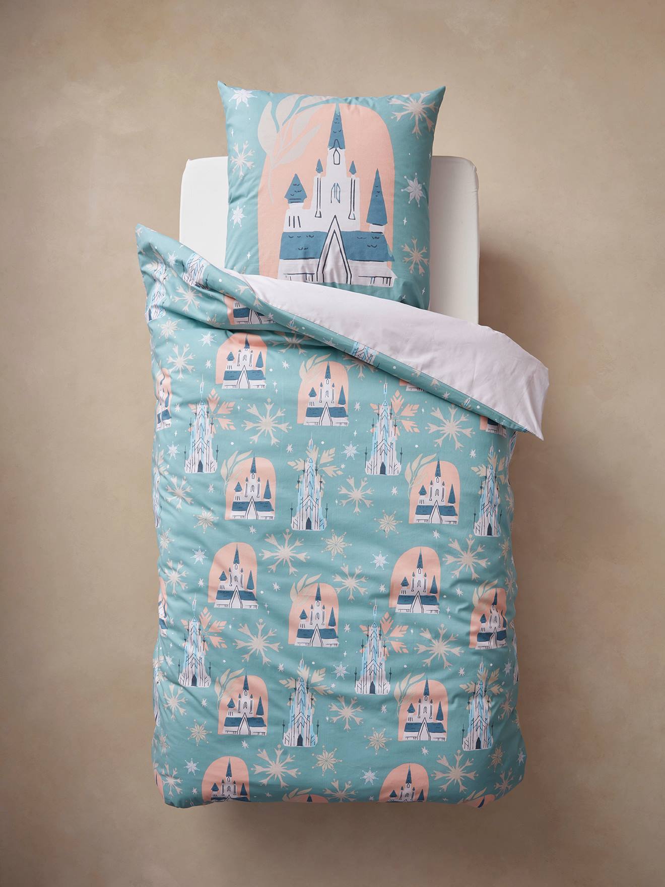 Parure housse de couette + taie d'oreiller enfant DS® Reine des Neiges écru/imprimé