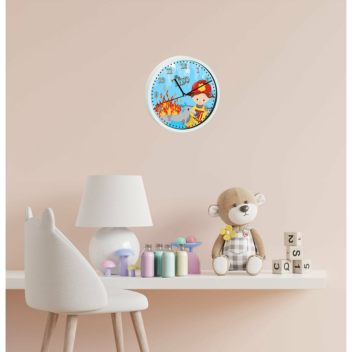 Kinder Wanduhr personalisiert mit Name Feuerwehrmann