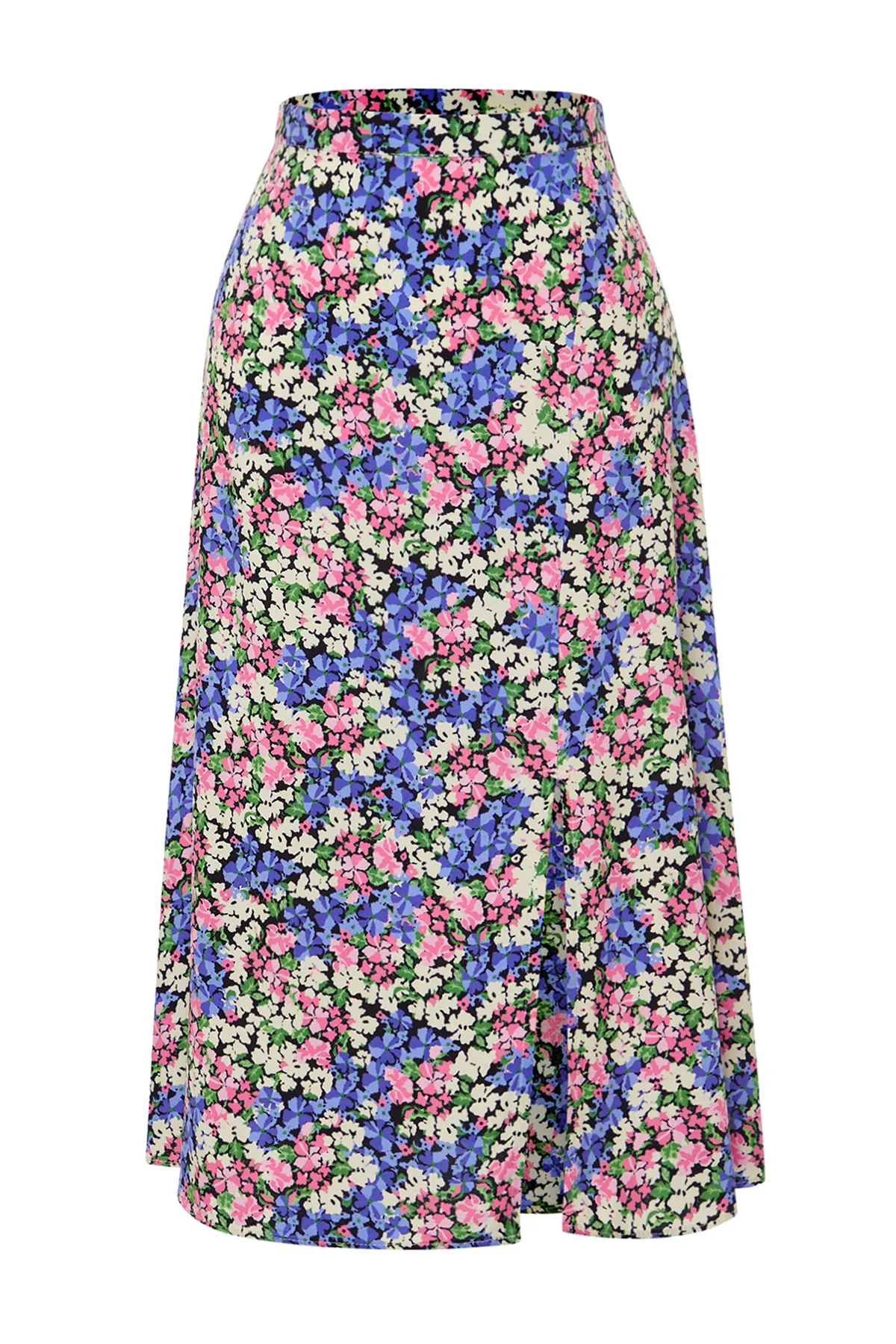 Trendyol Collection  Hellblauer gewebter Midirock aus Viskosestoff mit Schlitzdetail und Blumenmuster TWOSS20ET0230