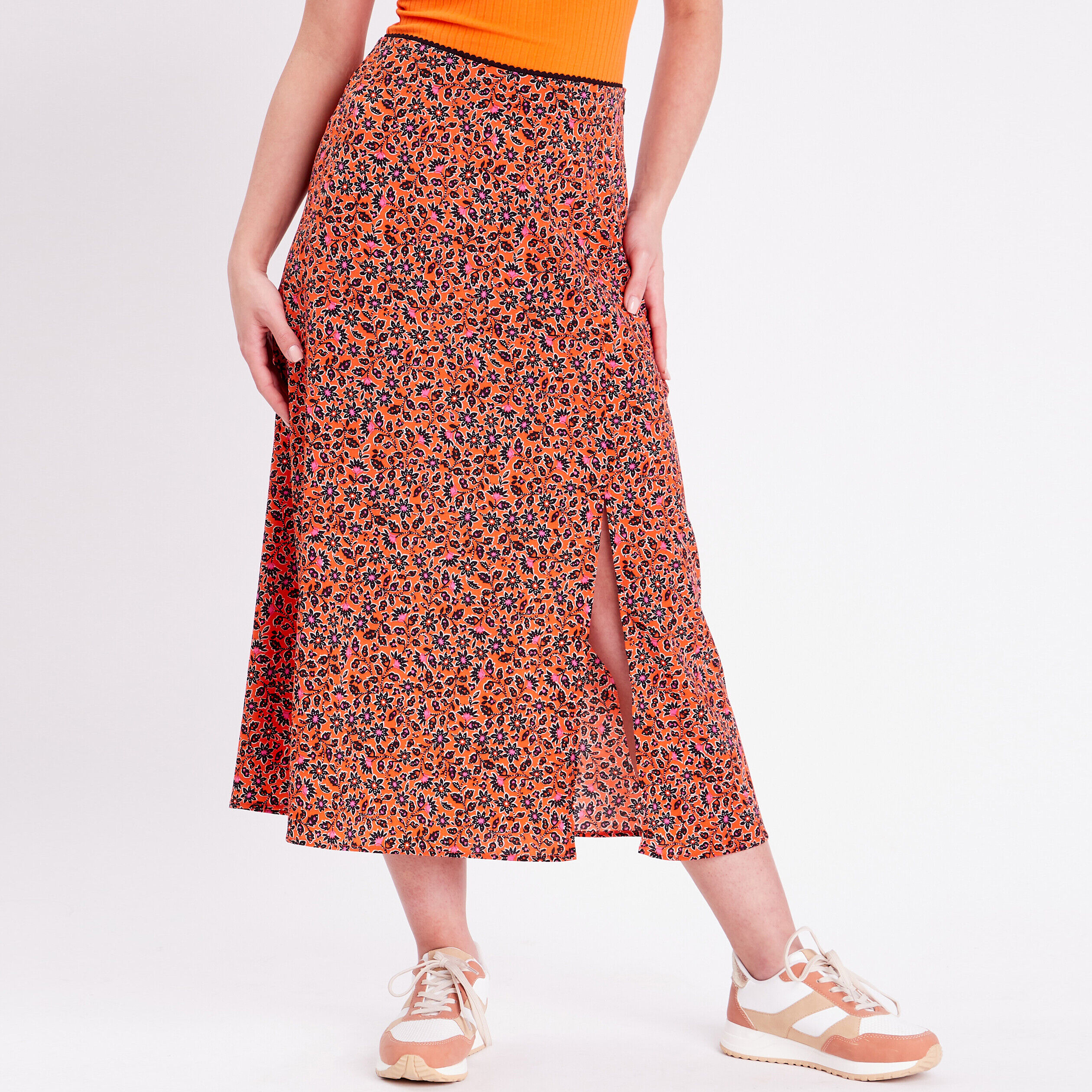 Jupe longue droite fendue orange femme | Cache Cache