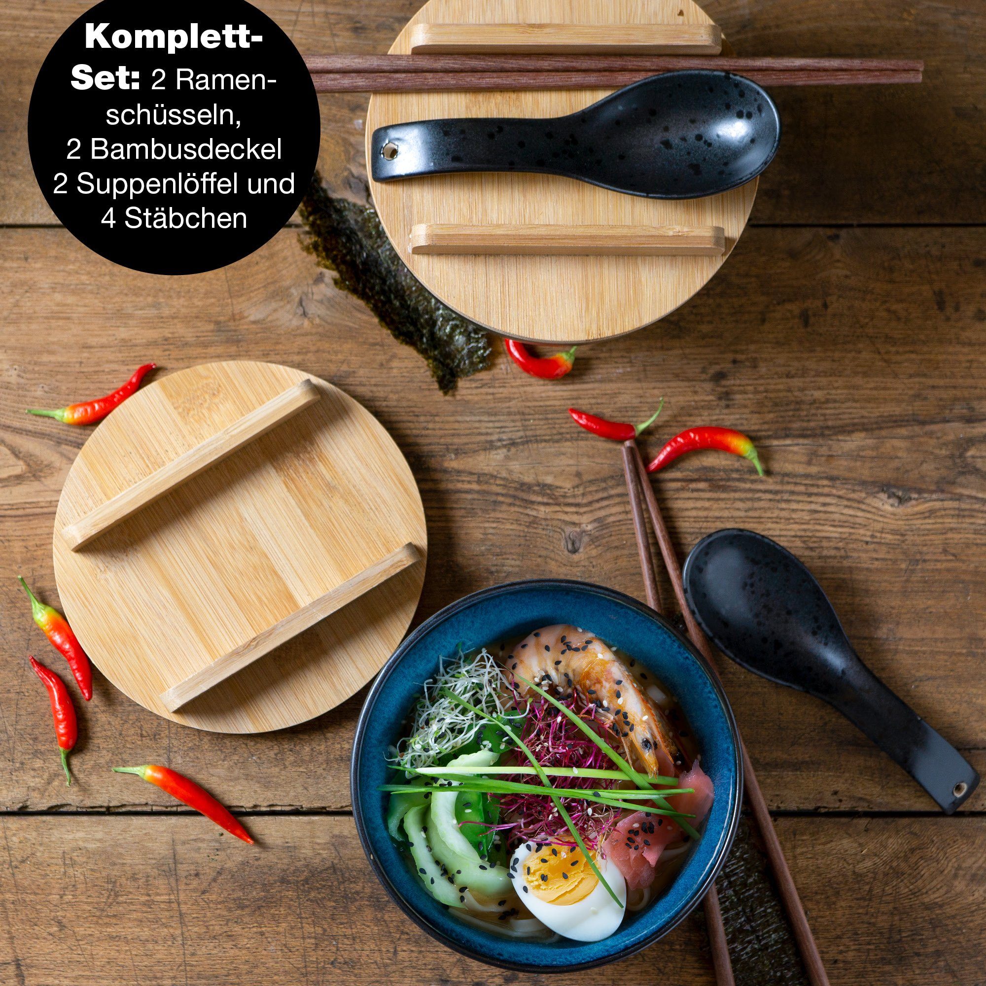 Moritz & Moritz Suppenschüssel 2x Ramen Schüssel Blau, Keramik, (2 Personen), Ramen Bowl Set