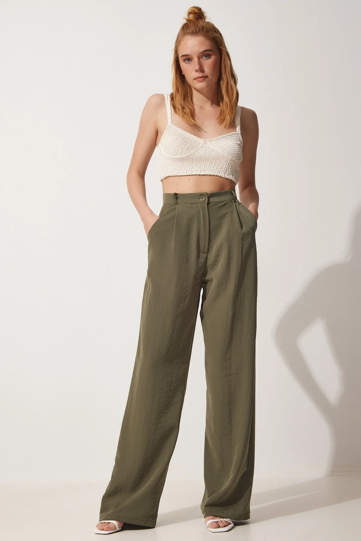 Happiness İstanbul  Khaki Flowy Ayrobin Palazzo-Hose für Damen RV00112