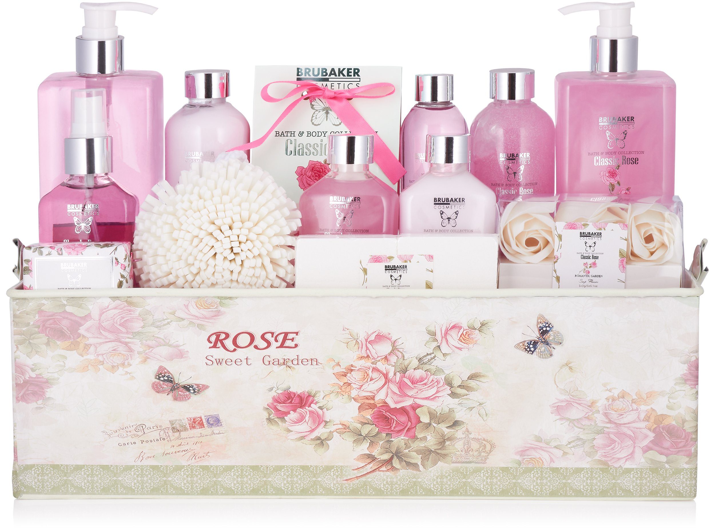 BRUBAKER Körperpflege-Set Bade- und Dusch Set, 17-tlg., Geschenkset in Vintage Geschenkbox, Rosen Duft