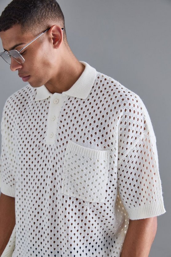 Kastiges gehäkeltes V-Ausschnitt Poloshirt in Ecru