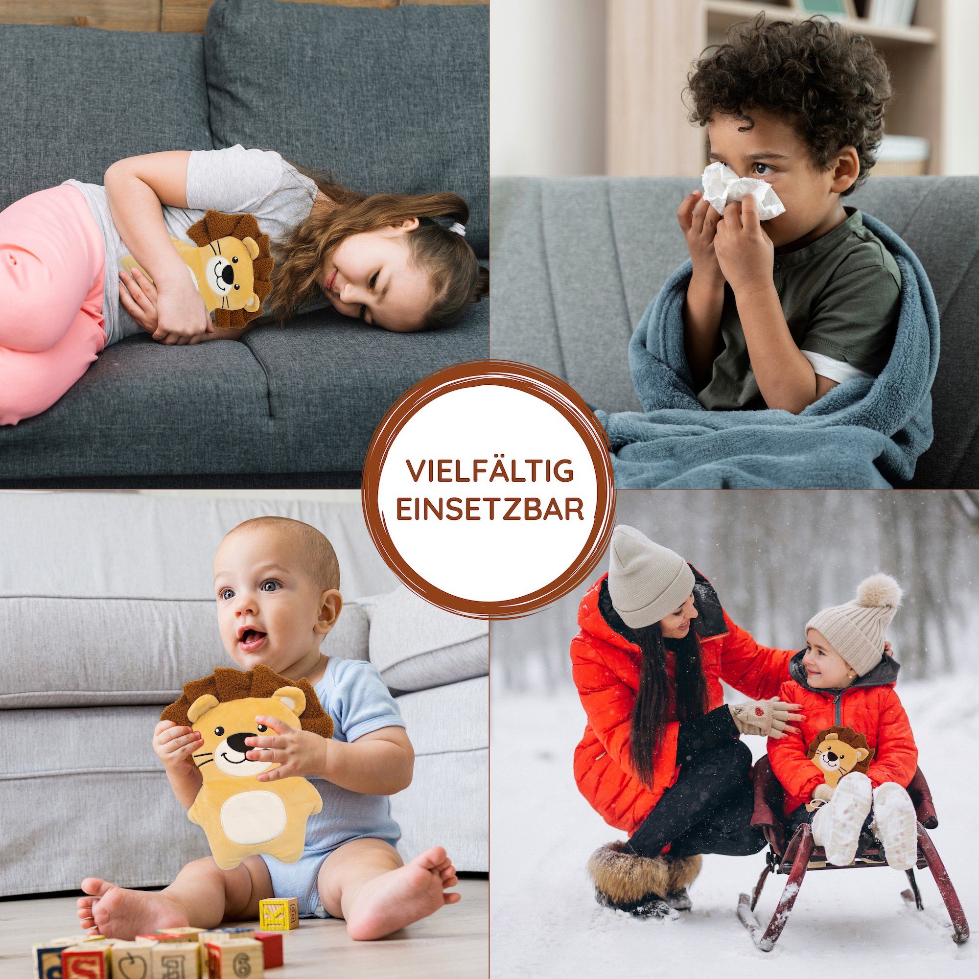 FLEXEO Kirschkernkissen weiches Wärmekissen, 1 Stück, 1-tlg., Körnerkissen für Kinder, Löwe