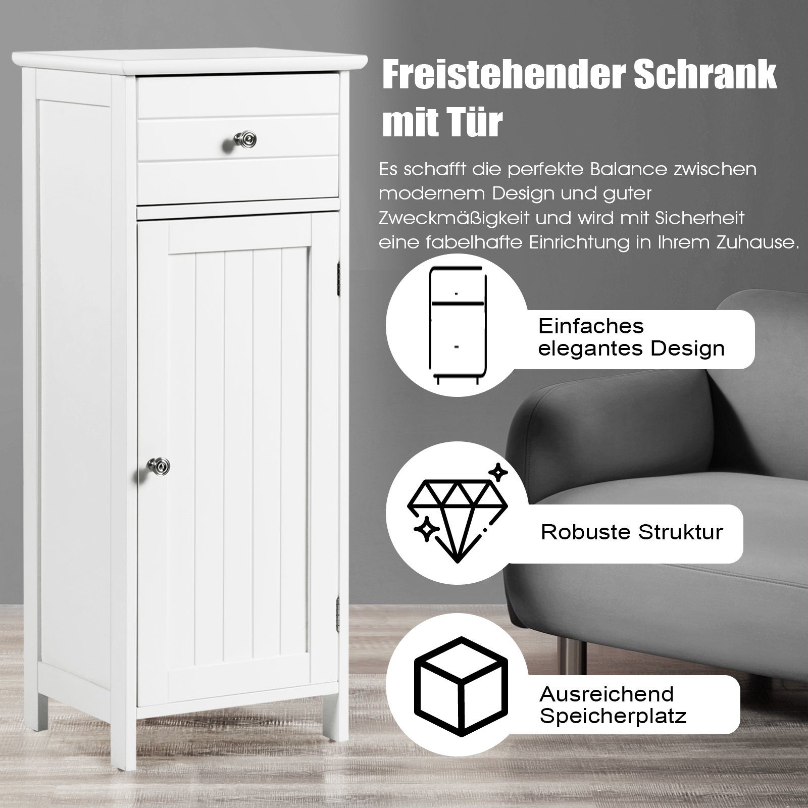 COSTWAY Badkommode, mit verstellbarem Einlegeboden, kippschutz, 35x30x87,5cm
