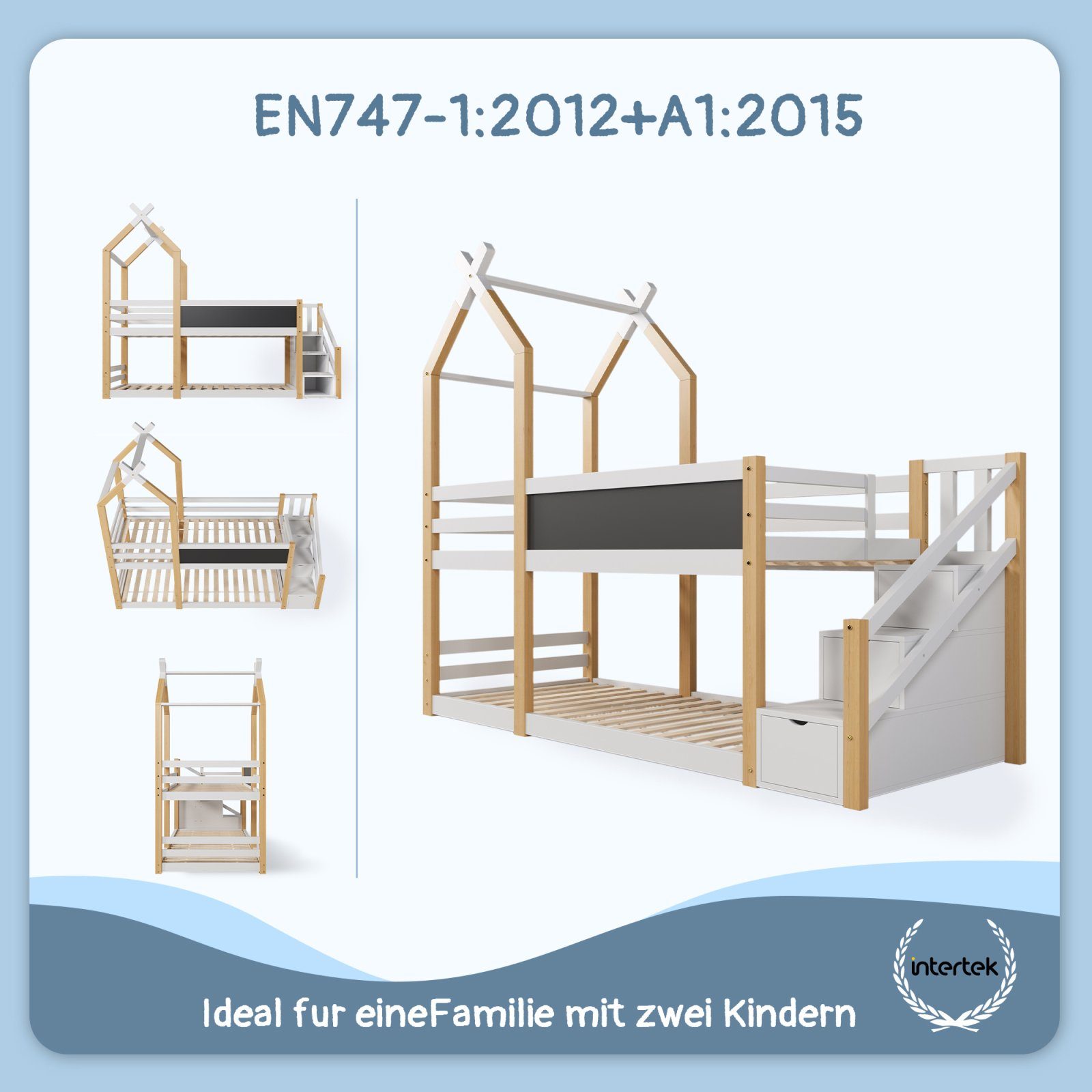 FUROKOY Holzbett Baumhaus Tafel Bett mit Speicherung und Rausfallschutz mit Wandtafel, , Etagenbett Hochbett 90 x 200 cm Natur & Weiß