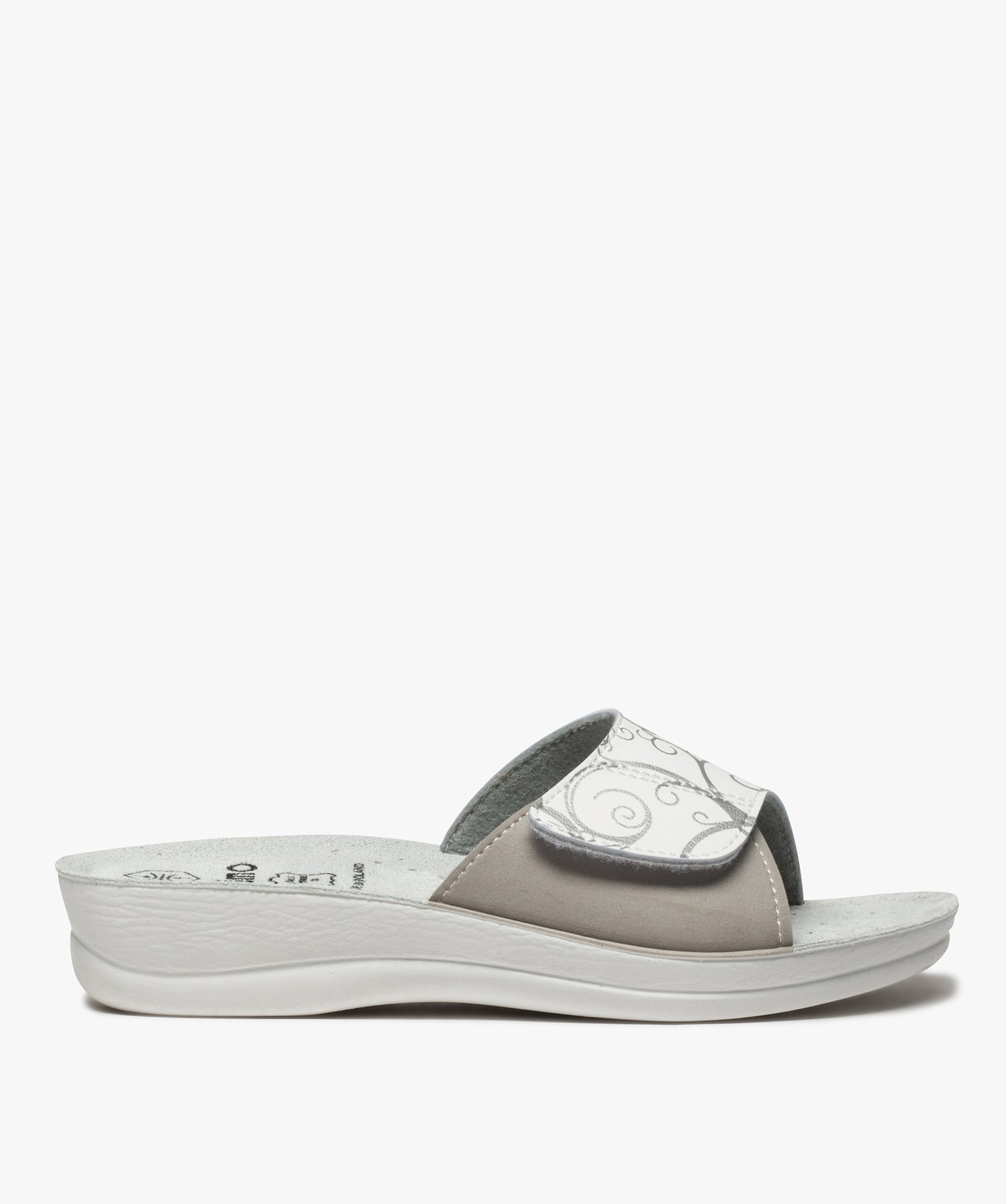 Mules femme confort ouvertes à bandeau scratch imprimé blanc | GEMO