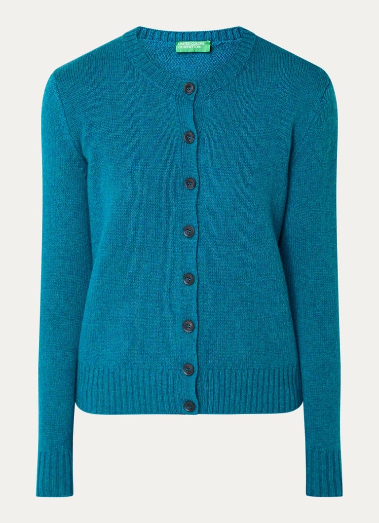 Cardigan Benetton cu guler rotund, confecționat din lână fină.