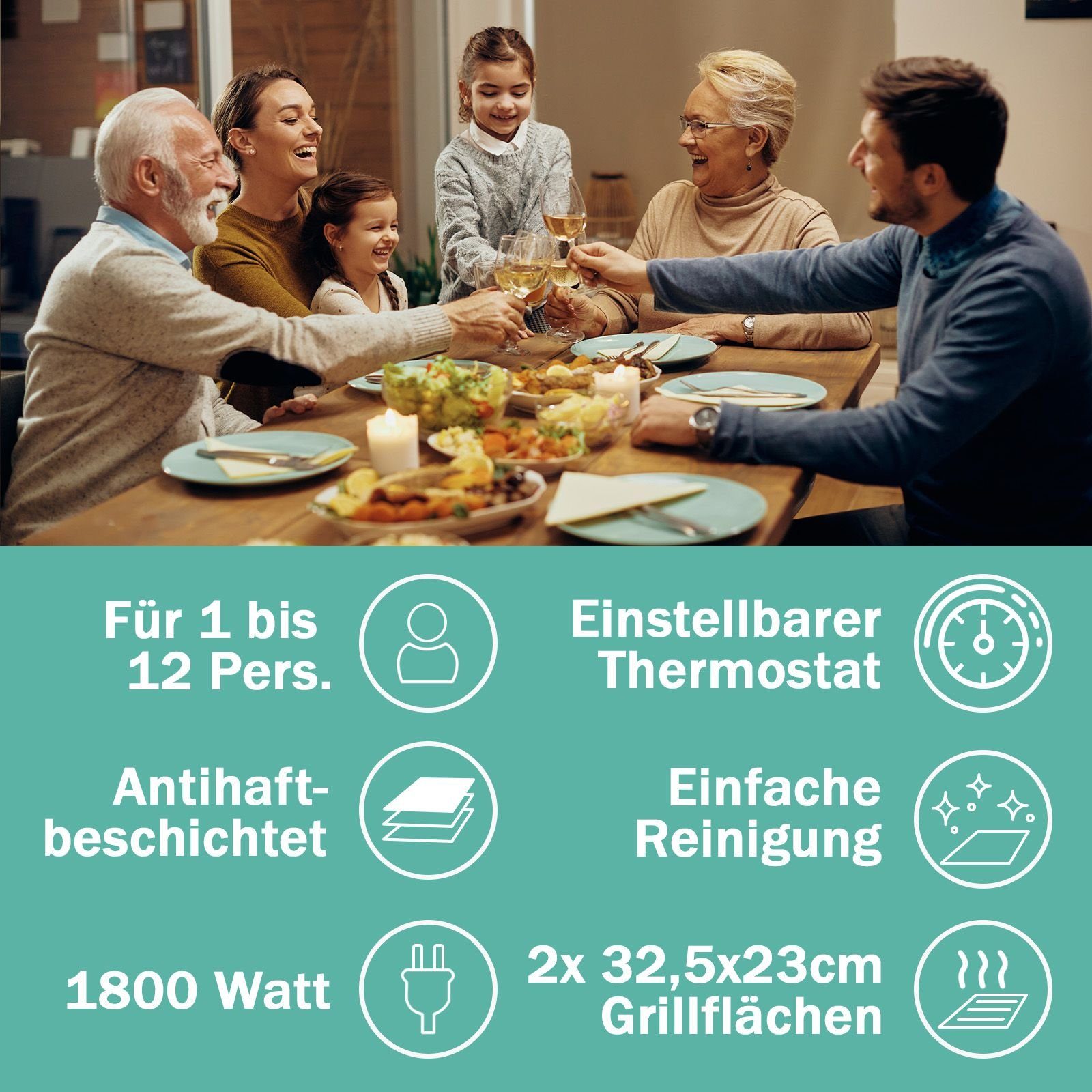 bmf-versand Raclette Raclette 12 Personen Grill Set Tischgrill Elektrogrill Pfännchen, 12 Raclettepfännchen, 1800,00 W, Einfache Reinigung, Einstellbarer Thermostat, Umfangreiches Zubehör
