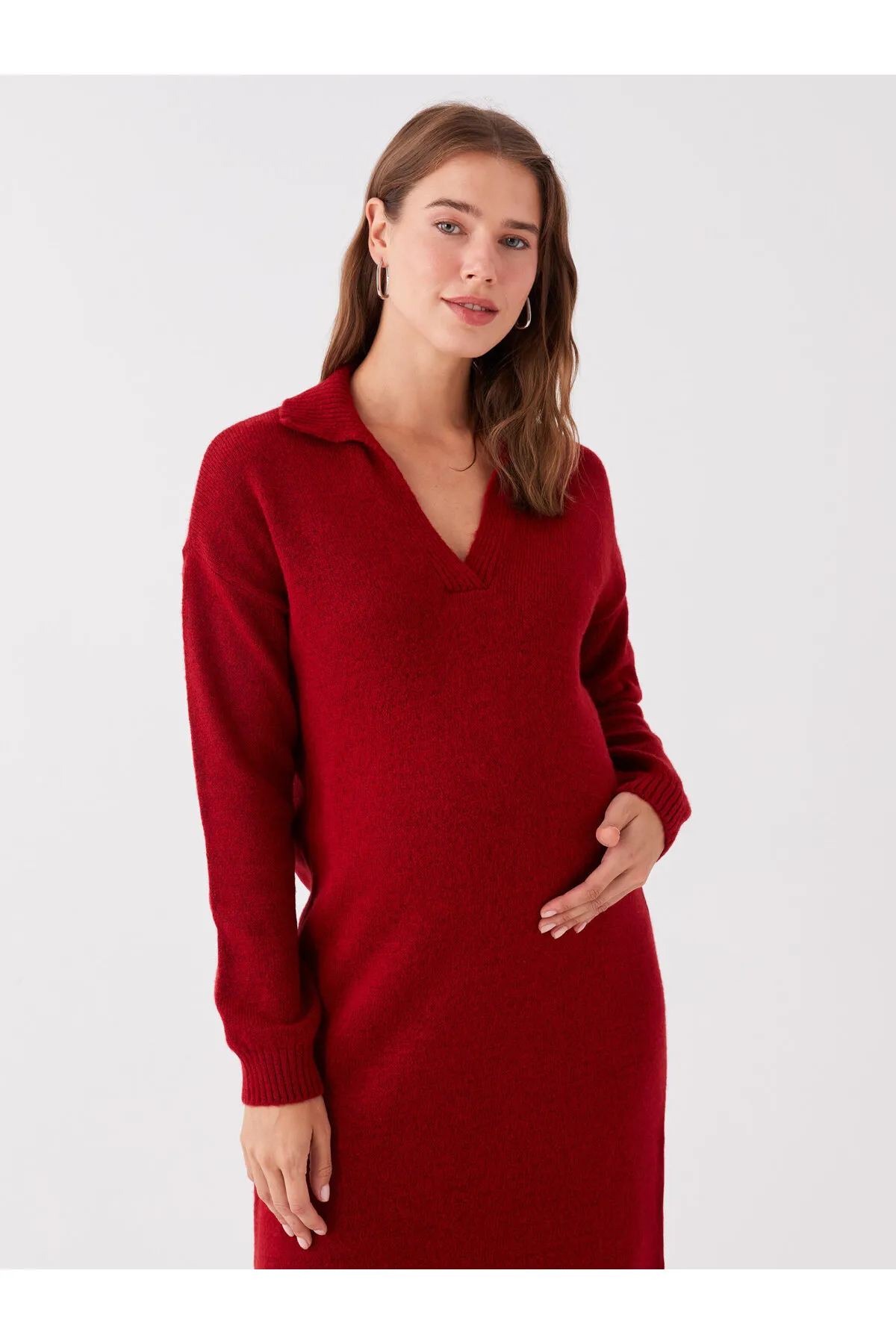 LC Waikiki  Einfarbiges, langärmliges Umstands-Strickkleid mit Polo-Ausschnitt