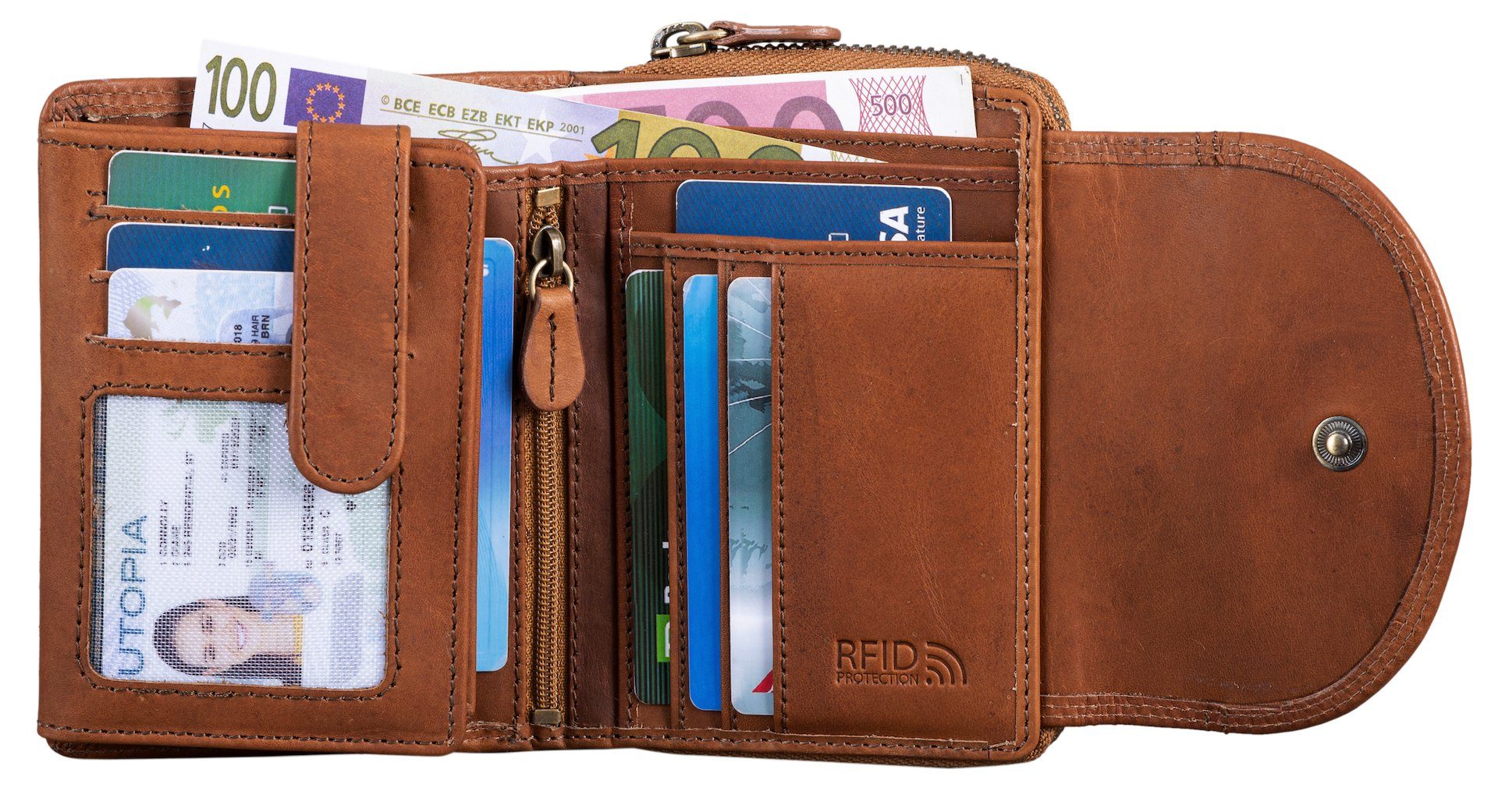 Benthill Geldbörse Damen Echtleder Kompakte Lederbörse Frauen Geldbeutel vielen Fächern, RFID-Schutz Kartenfächer Münzfach Reißverschlussfach