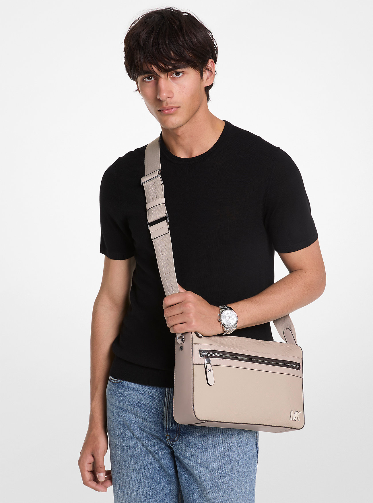 Edison Medium Saffiano Leather Messenger Bag - LIGHT SAND