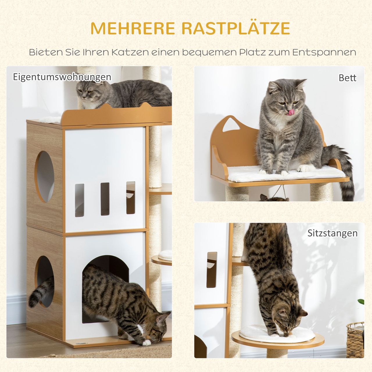 PawHut Kratzbaum, 133 cm, Kletterbaum mit 2 Katzenhöhlen, Katzenbaum, Eiche Weiß
