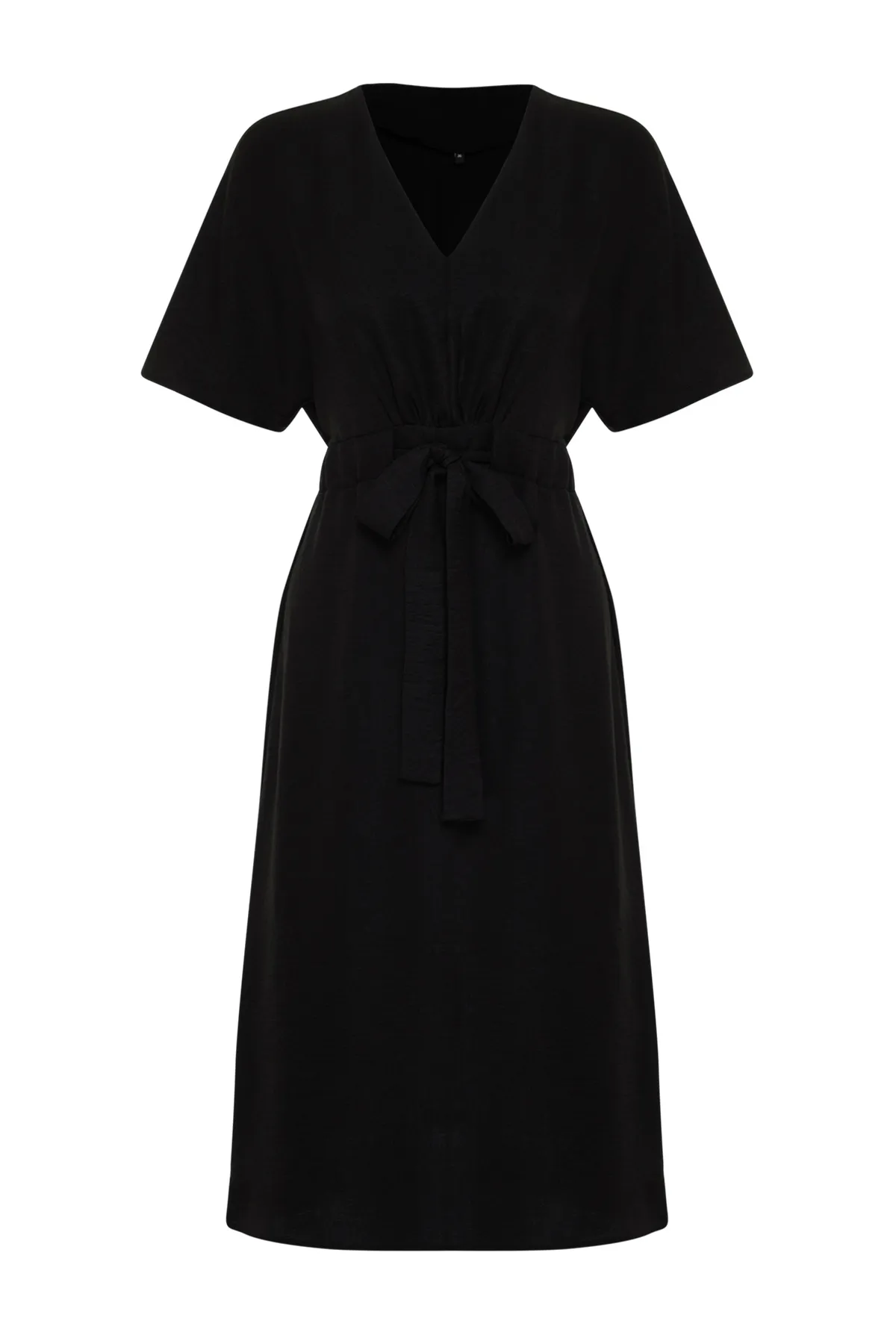 Trendyol Collection  Schwarzes, detailliertes, gewebtes Midikleid in A-Linie/Glockenform mit Krawatte TWOSS23EL01543
