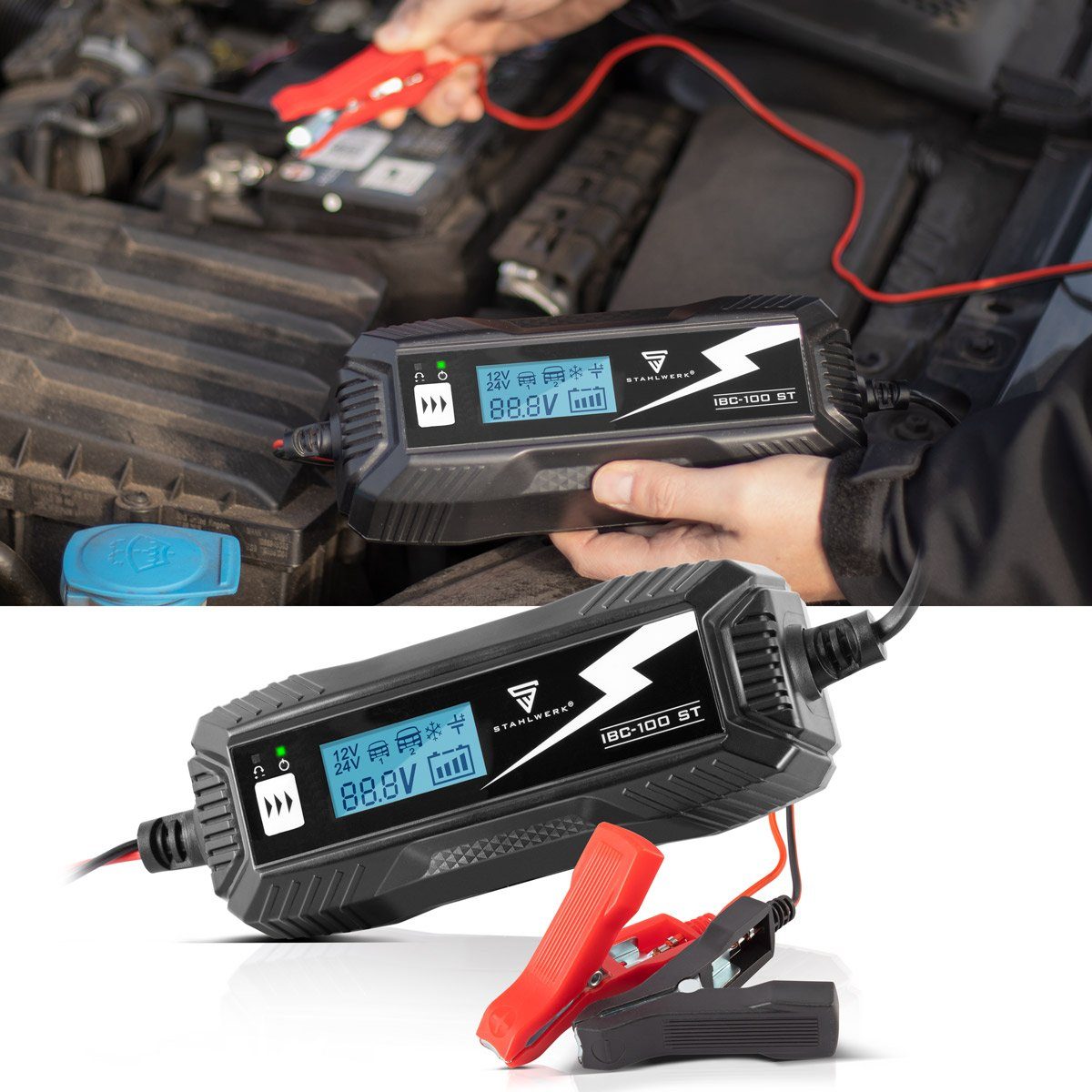 STAHLWERK Batterieladegerät IBC-100 ST mit Mikroprozessor Autobatterie-Ladegerät (Packung, 1-tlg., Das Batterieladegerät verfügt über einen Überladungs-, Polungs- und Kurzschlussschutz., und 10 Lademodi für 12V/24V AGM, VRLA, MF, SLA und GEL-Batterie