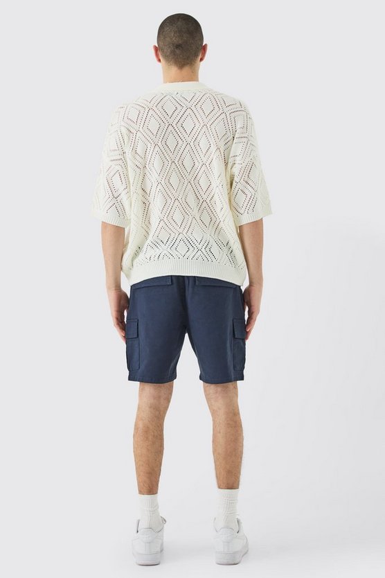 Dunkelblaue Slim-Fit Cargo-Shorts mit elastischem Bund