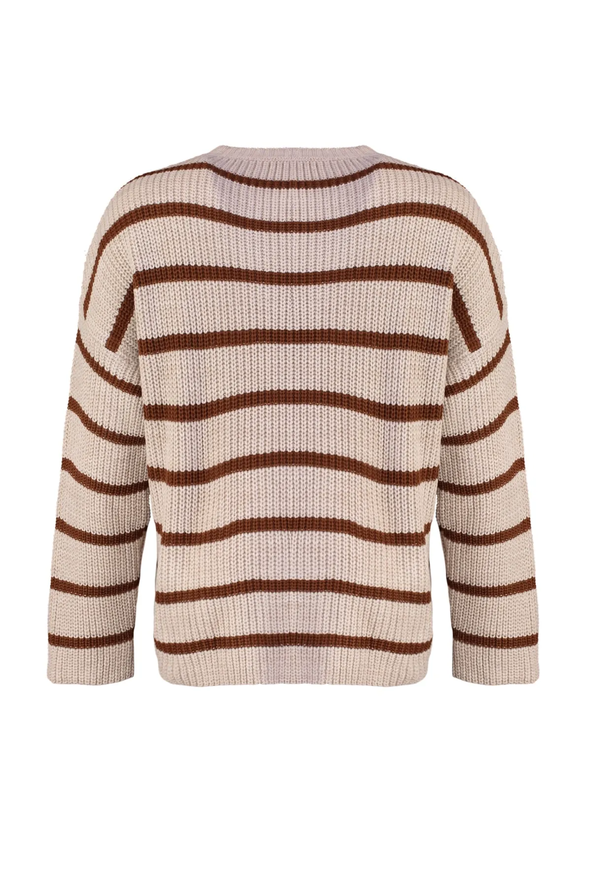 Trendyol Curve  Steinfarbener, schulterfreier Strickpullover mit Streifenmuster
