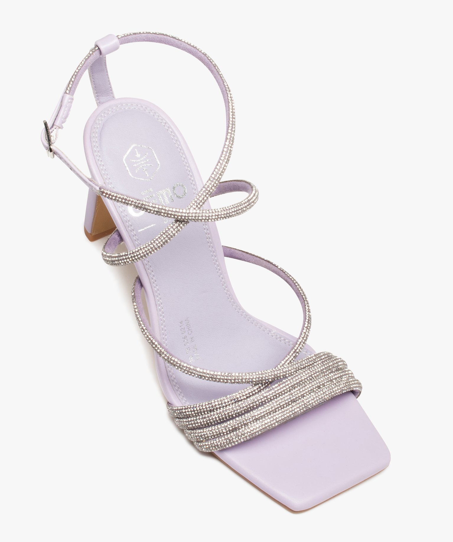 Sandales femme à talon haut dessus fines brides strass violet clair | GEMO