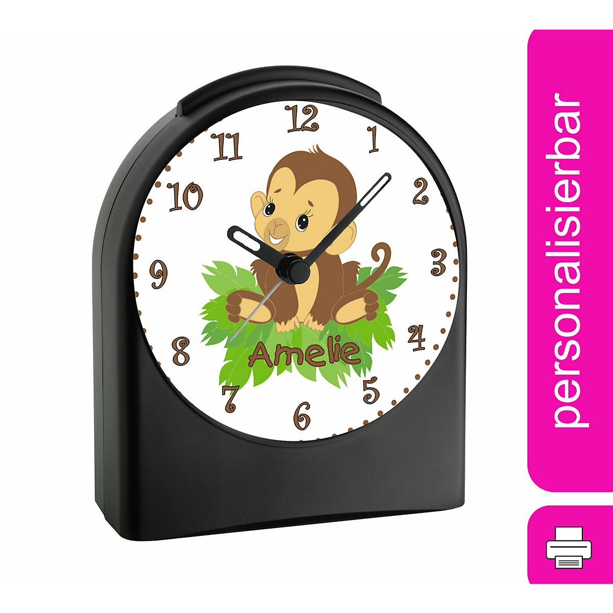 Kinder Funkwecker personalisiert mit Namen Affenbaby Atom-/Funkuhr, 12-Stunden-Anzeigeformat, Schlummerfunktion, Nachtlicht, Geräuschlos/Ohne Ticken