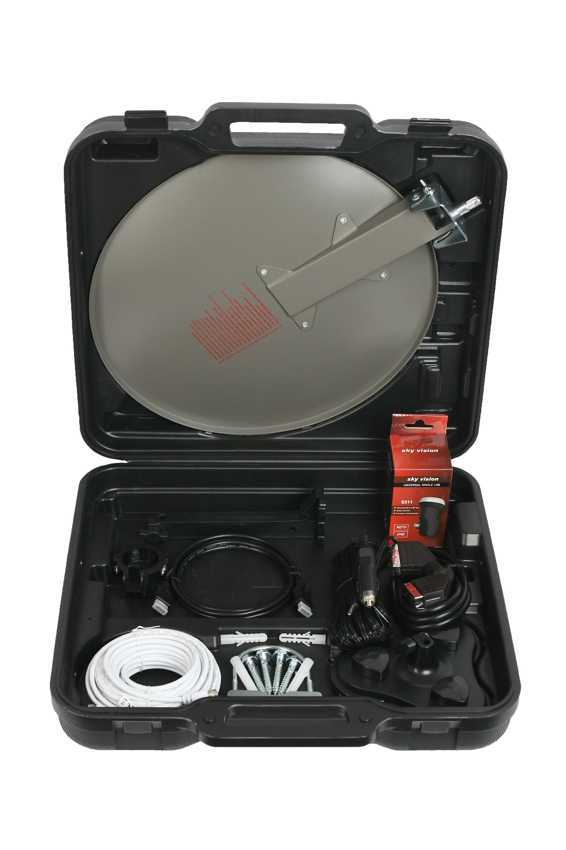 Sky Vision HDTV Camping Koffer Camping Sat-Anlage (SAT, für Camping), single LNB, 40cm Spiegel, Scart, HDMI & SAT Kabel