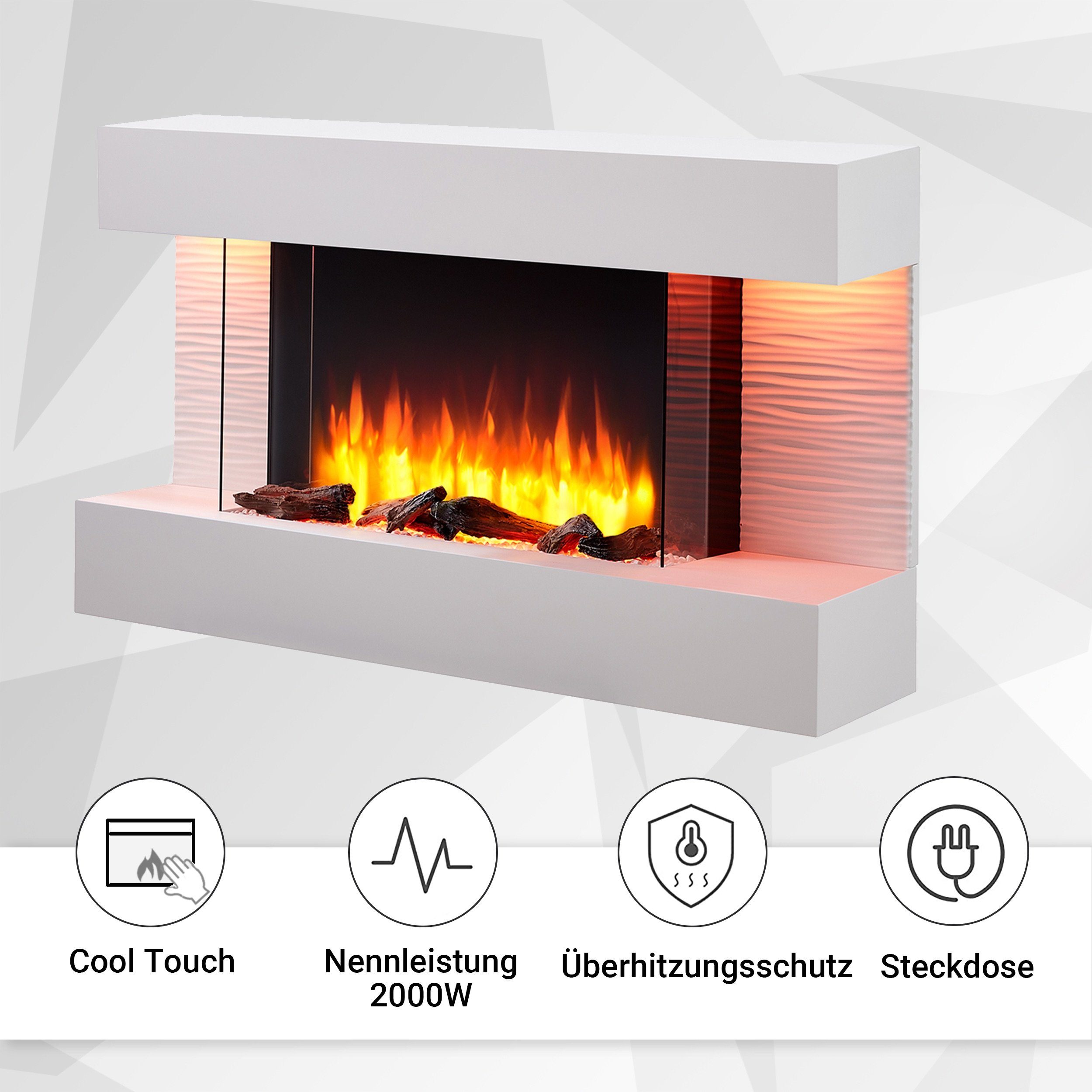 RICHEN Elektrokamin Elis, Wandkamin mit Heizung 2000W, 3D-Flammeneffekt, LED-Beleuchtungs, Fernbedienung, Timer, Thermostat