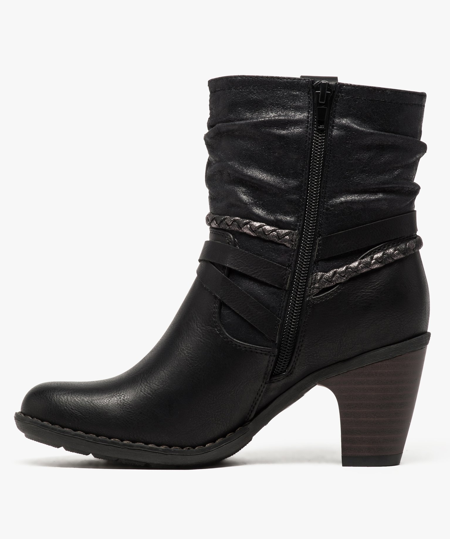 Bottines femme à talon tige plissée et brides fantaisie noir | GEMO