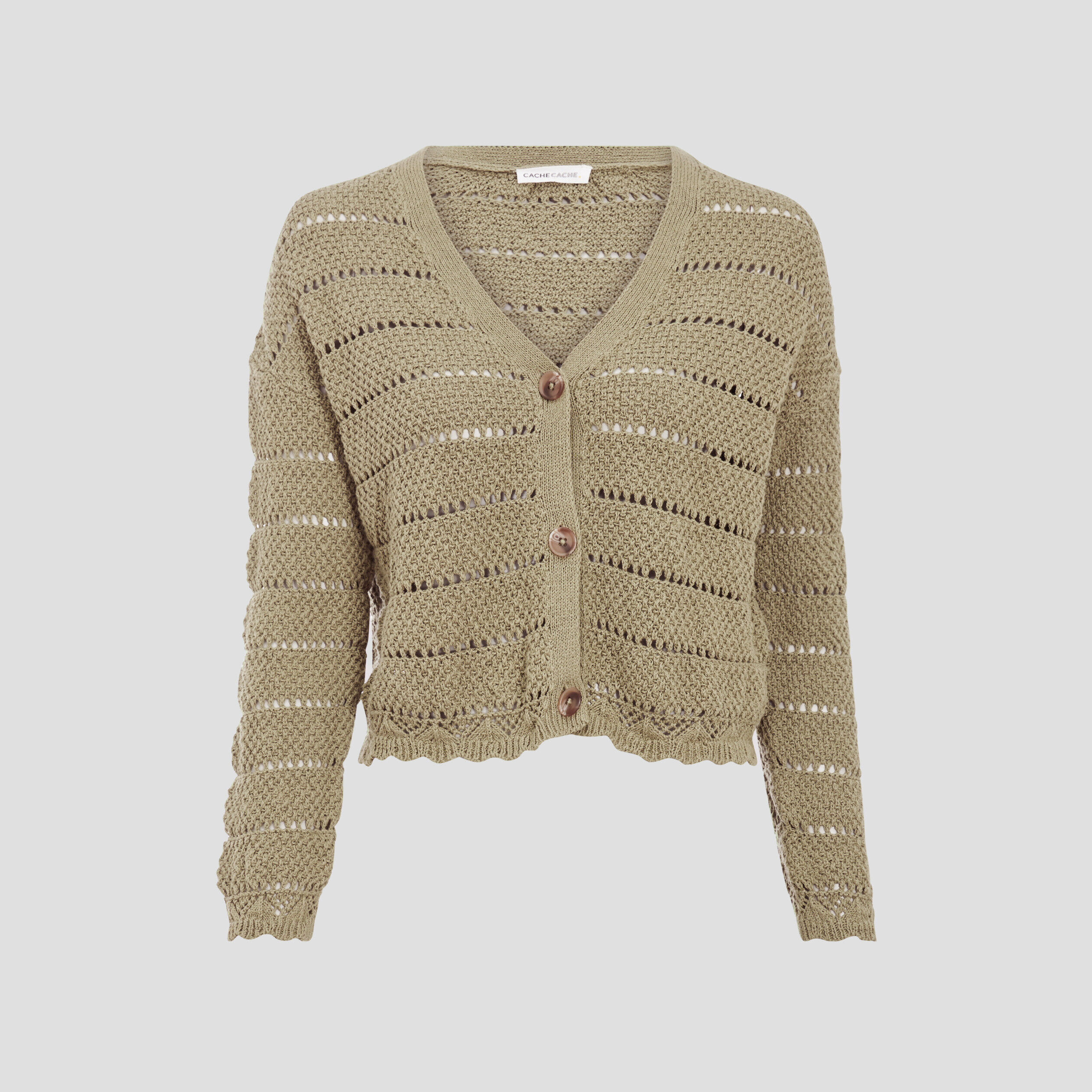 Gilet boutonné aspect crochet vert kaki femme | Cache Cache