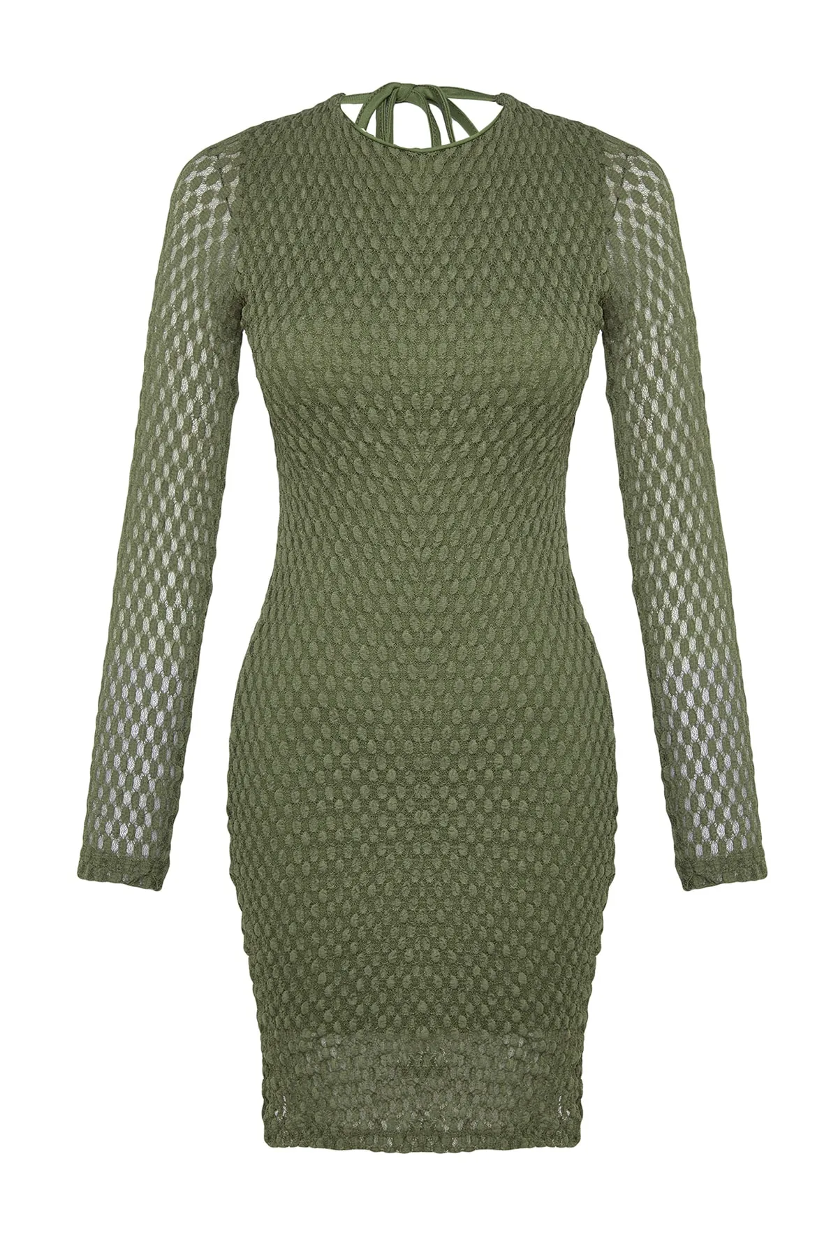Trendyol Collection  Khakifarbenes, strukturiertes Mini-Strickkleid mit Bindedetail am Rücken und langen Ärmeln, gefüttert TWOAW24EL00216