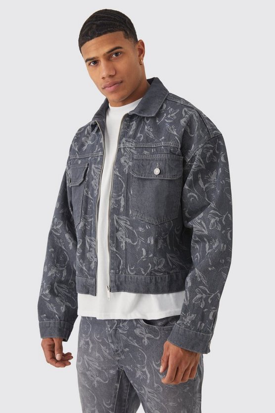 Kastige Jeansjacke mit Reißverschluss und Laser-Print
