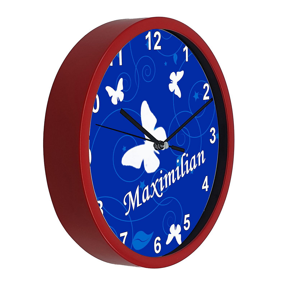 Kinder Wanduhr personalisiert mit Name Schmetterling Ornamente blau