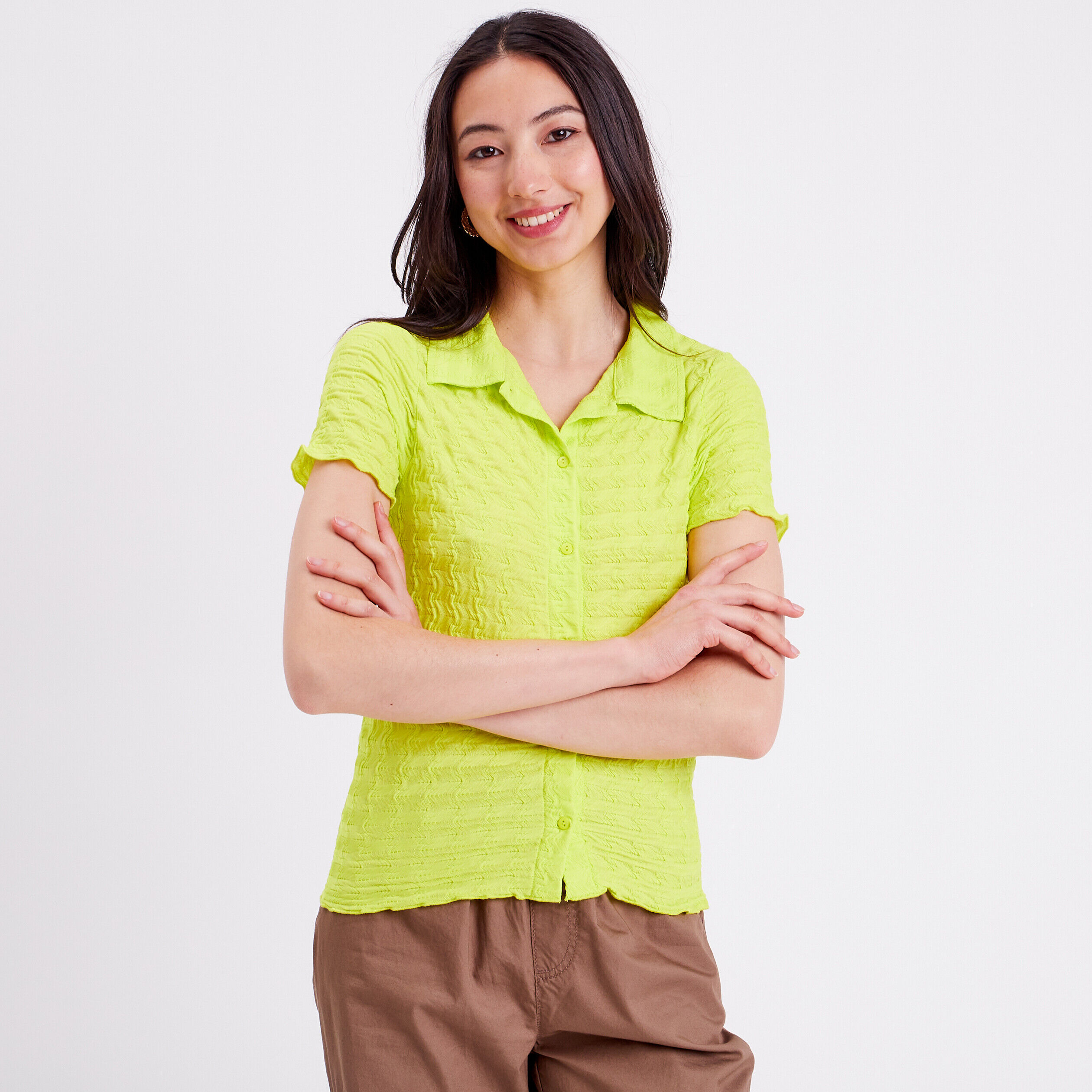 Blouse manches courtes gaufré jaune citron femme | Cache Cache