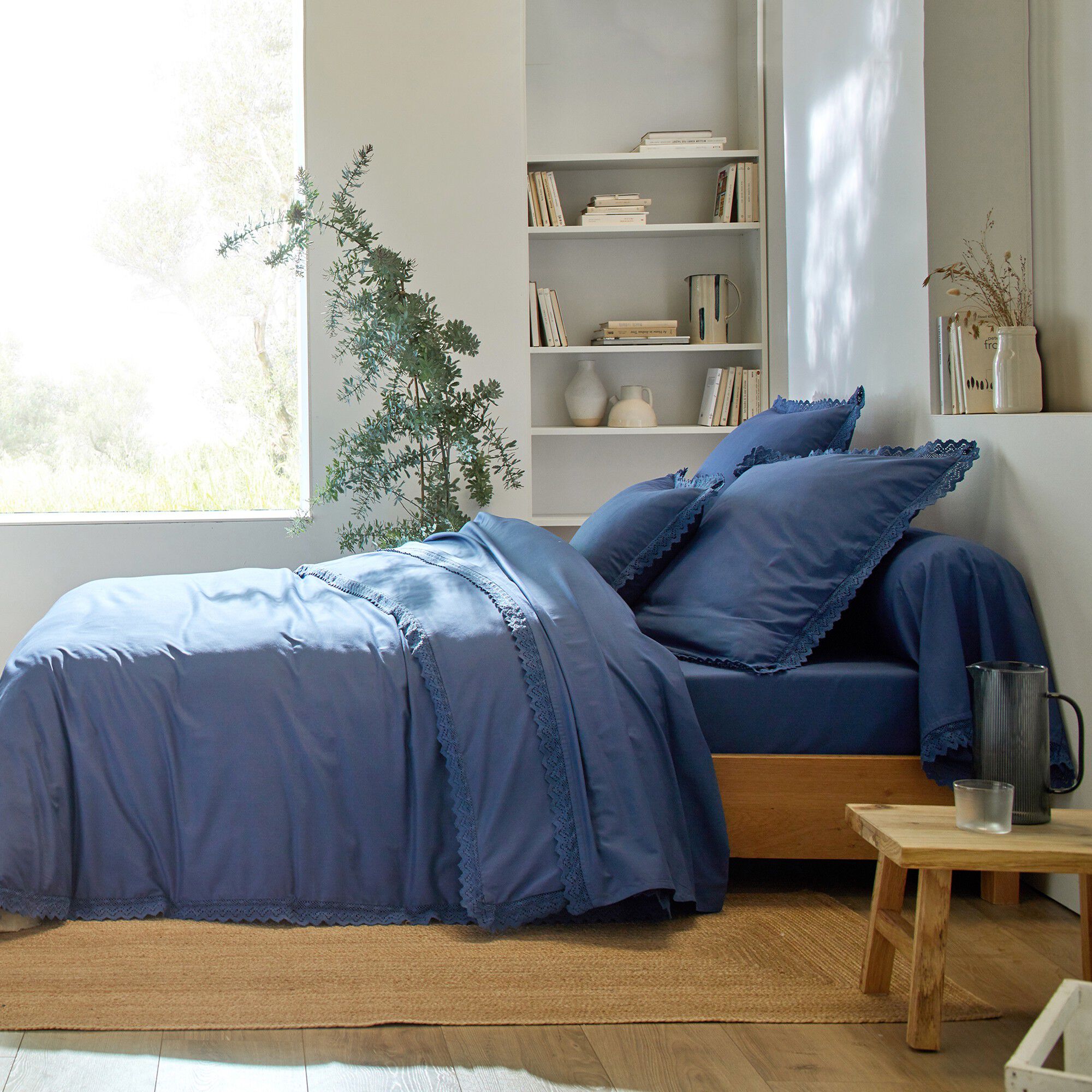 Linge de lit uni dentelle coton