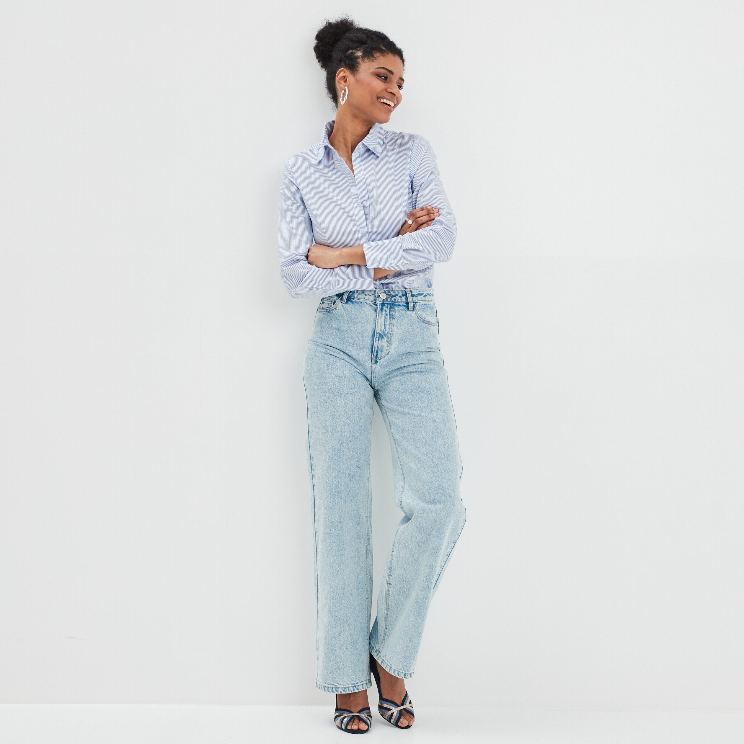 Jeans wide leg taille haute coton denim double stone femme | La Halle
