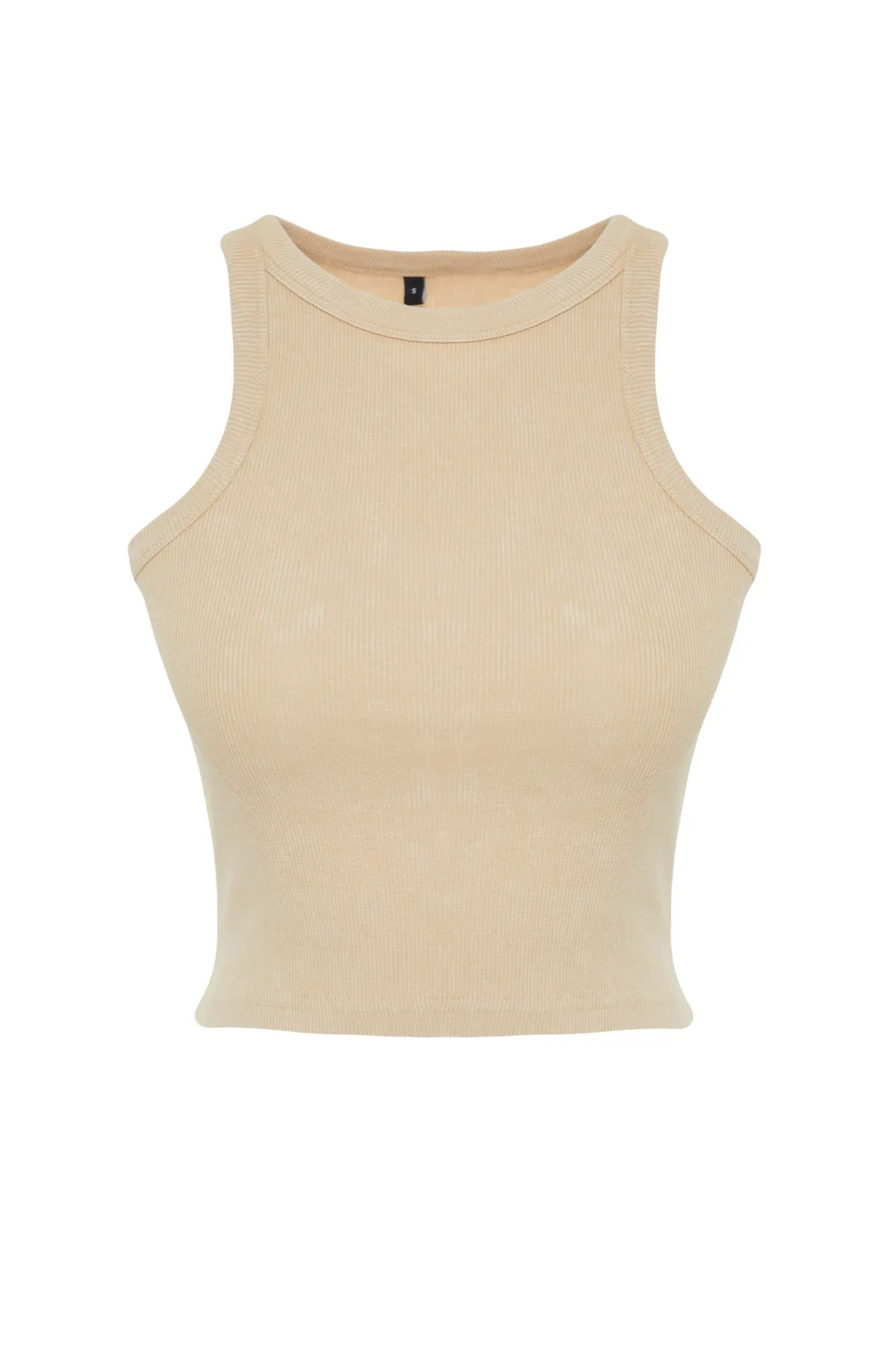 Trendyol Collection  Beigefarbenes, kurz geschnittenes Neckholder-Unterhemd aus dehnbarer Baumwolle mit Antik-/verblasstem Effekt TWOSS24AL00000