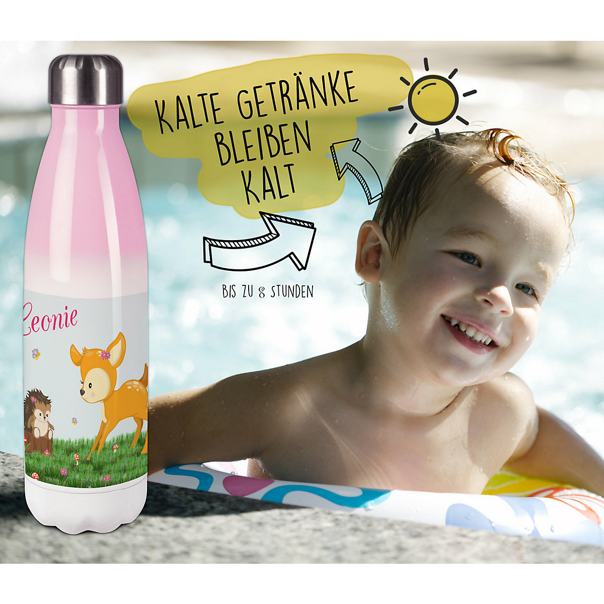 Edelstahl Kinder Thermoflasche / Trinkflasche bunt Reh Spülmaschinenfest, Auslaufsicher, Bruchfest, Doppelwandig, Für Heißgetränke geeignet, Mit Deckel, Isoliert