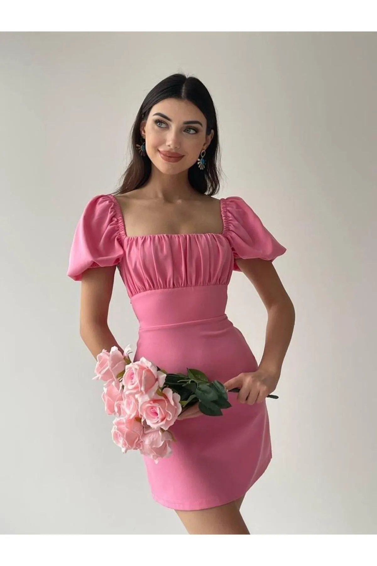 Afiş Butik  Rosa, tief sitzendes Kleid mit Wassermelonenärmeln