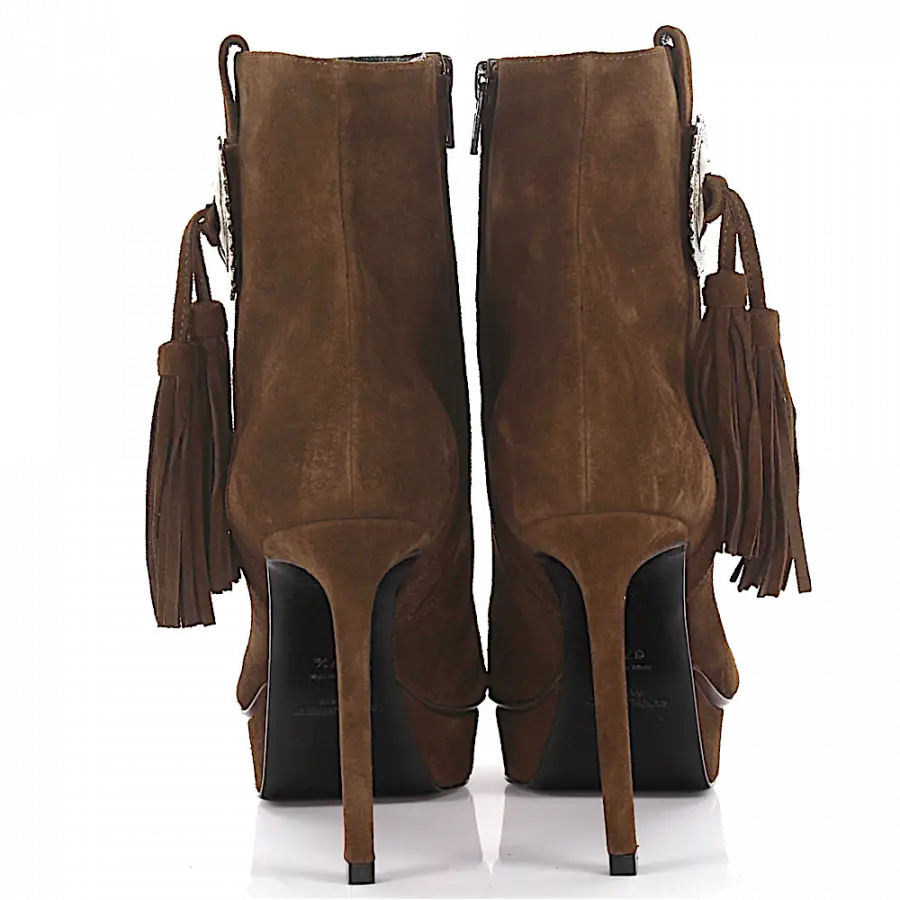 Saint Laurent - Stiefeletten Veloursleder Bommel Metallverzierung braun - braun